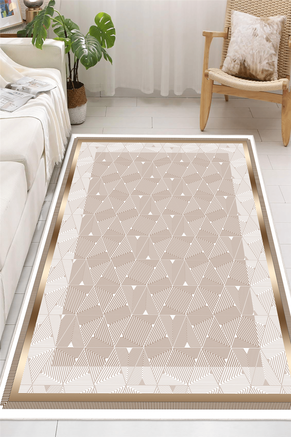 Modern Üçgen Geometrik Desenli Vizon Dijital Baskılı Yıkanabilir Kaymaz Taban Salon Halısı Yolluk