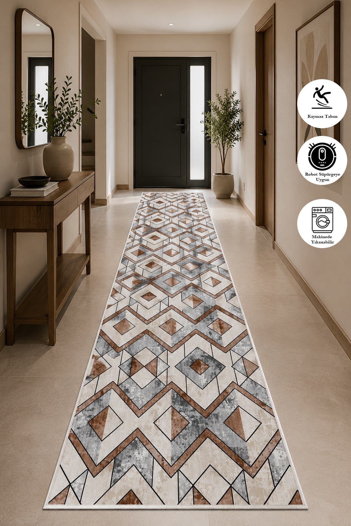 Pelura Modern Gerometrik Desen Baskılı Yıkanabilir Kaymaz Salon Oturma Odası Hol Antre Halısı Yolluk