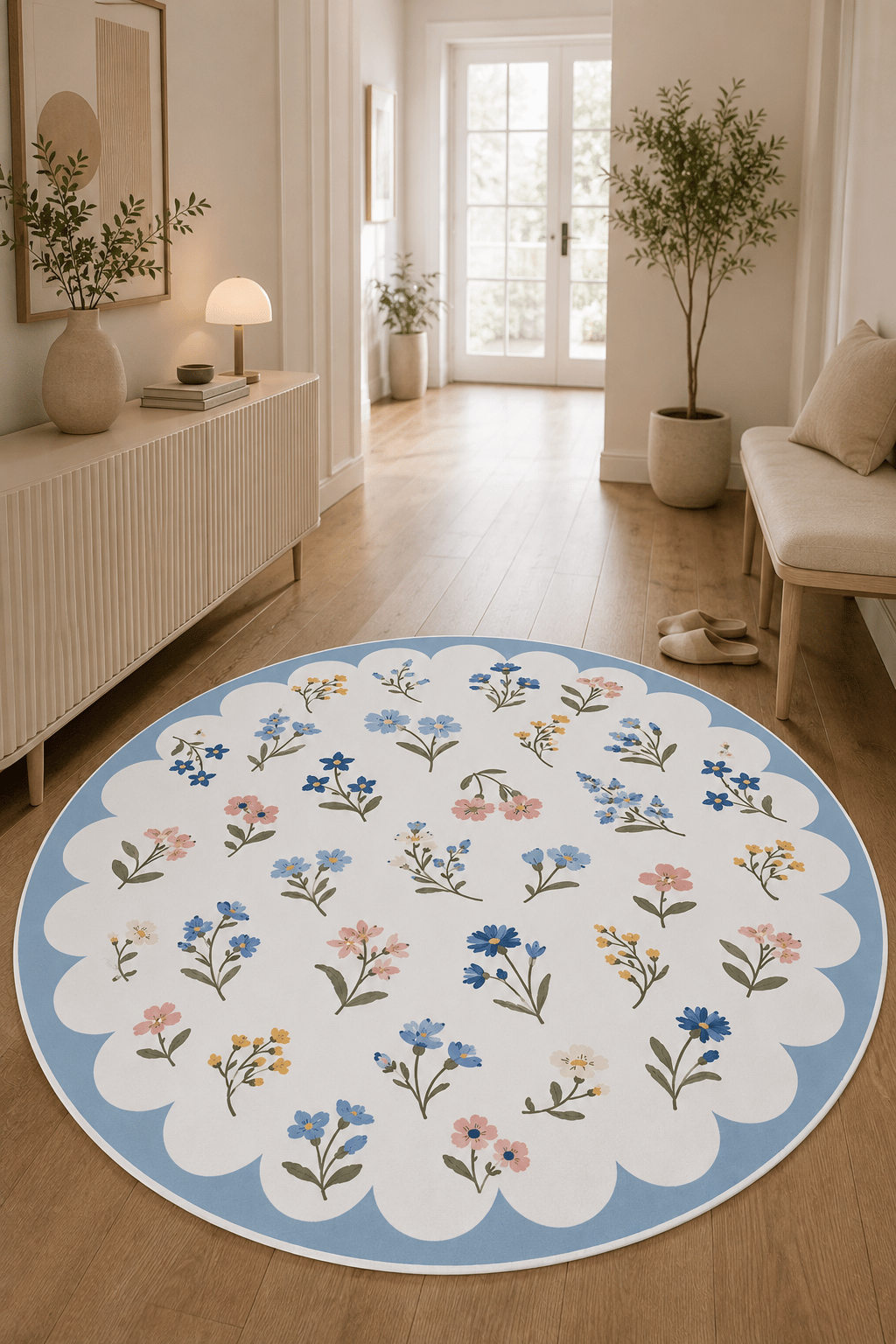 Renkli Floral Desen Mavi Çerçeveli Baskılı Kaymaz Yıkanabilir Yuvarlak Halı Salon Oturma Odası Mutfak Balkon Antre Halısı
