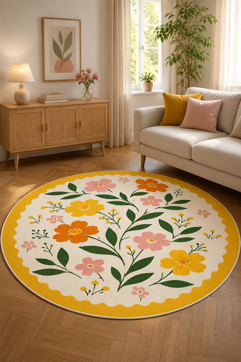 Renkli Floral Desen Sarı Çerçeveli Baskılı Kaymaz Yıkanabilir Yuvarlak Halı Salon Oturma Odası Mutfak Balkon Antre Halısı
