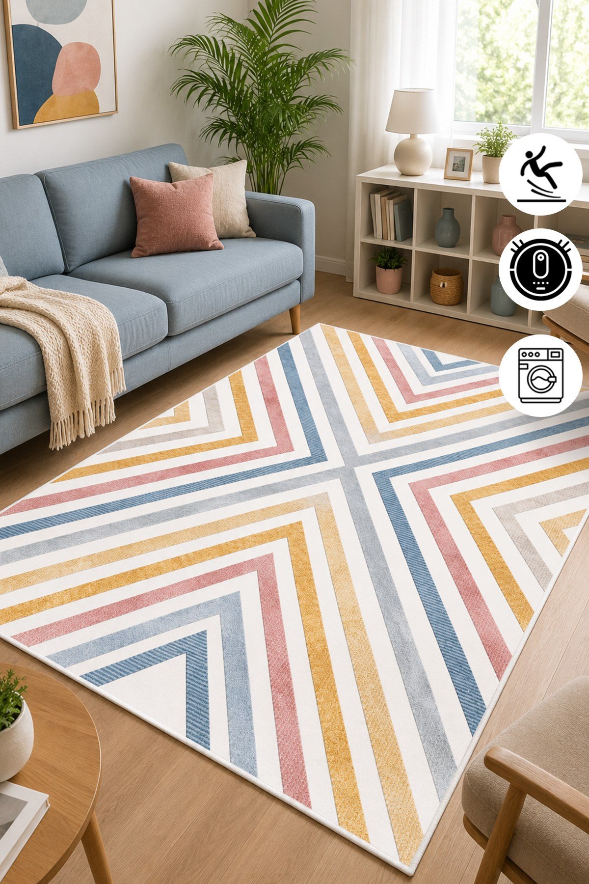 Renkli Geometrik Çizgili Baskılı Kaymaz Yıkanabilir Salon Oturma Odası Mutfak Balkon Halısı