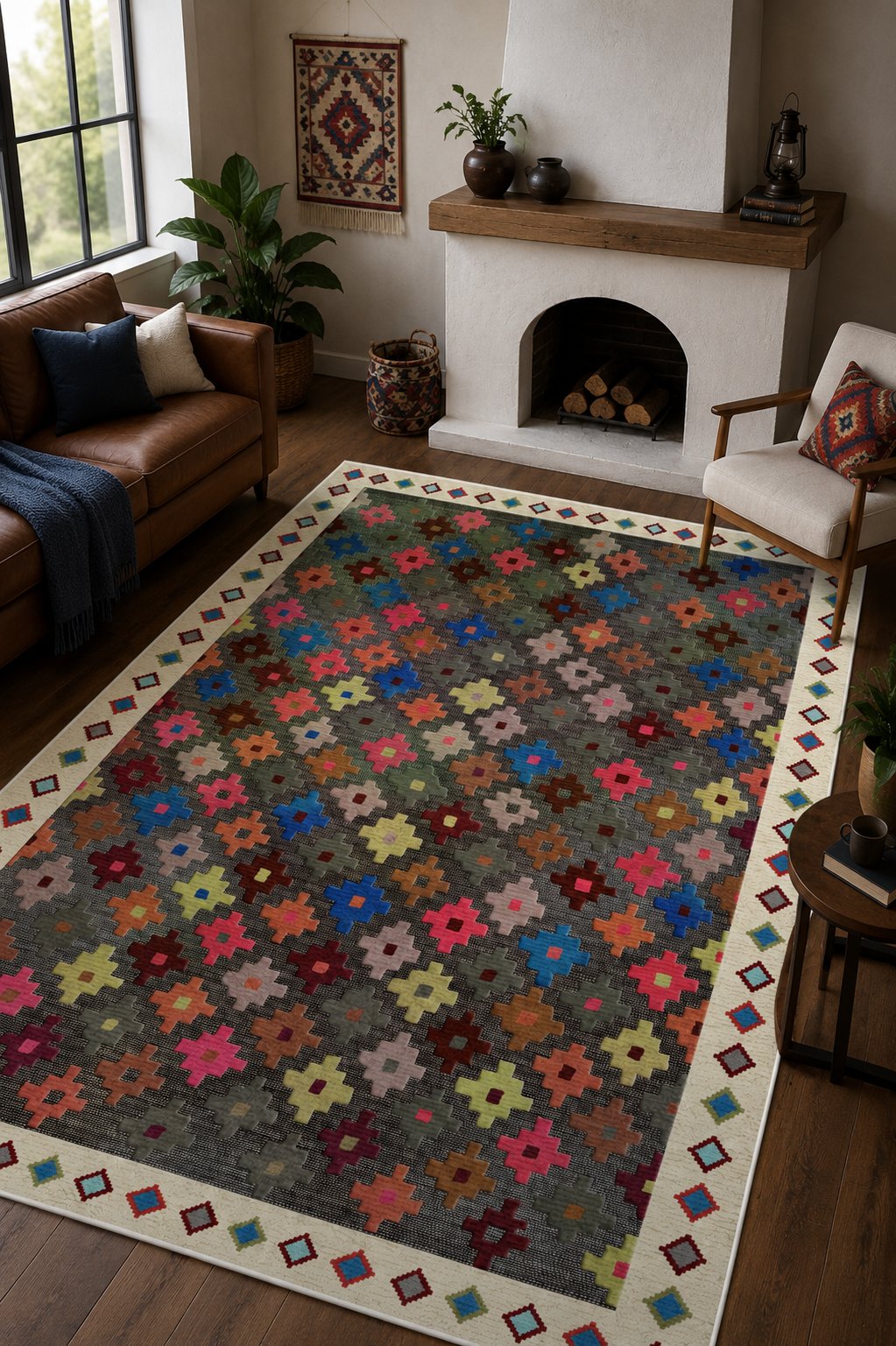 Renkli Kilim Desenli Dijital Baskılı Yıkanabilir Kaymaz Salon Oturma Odası Halısı Yolluk
