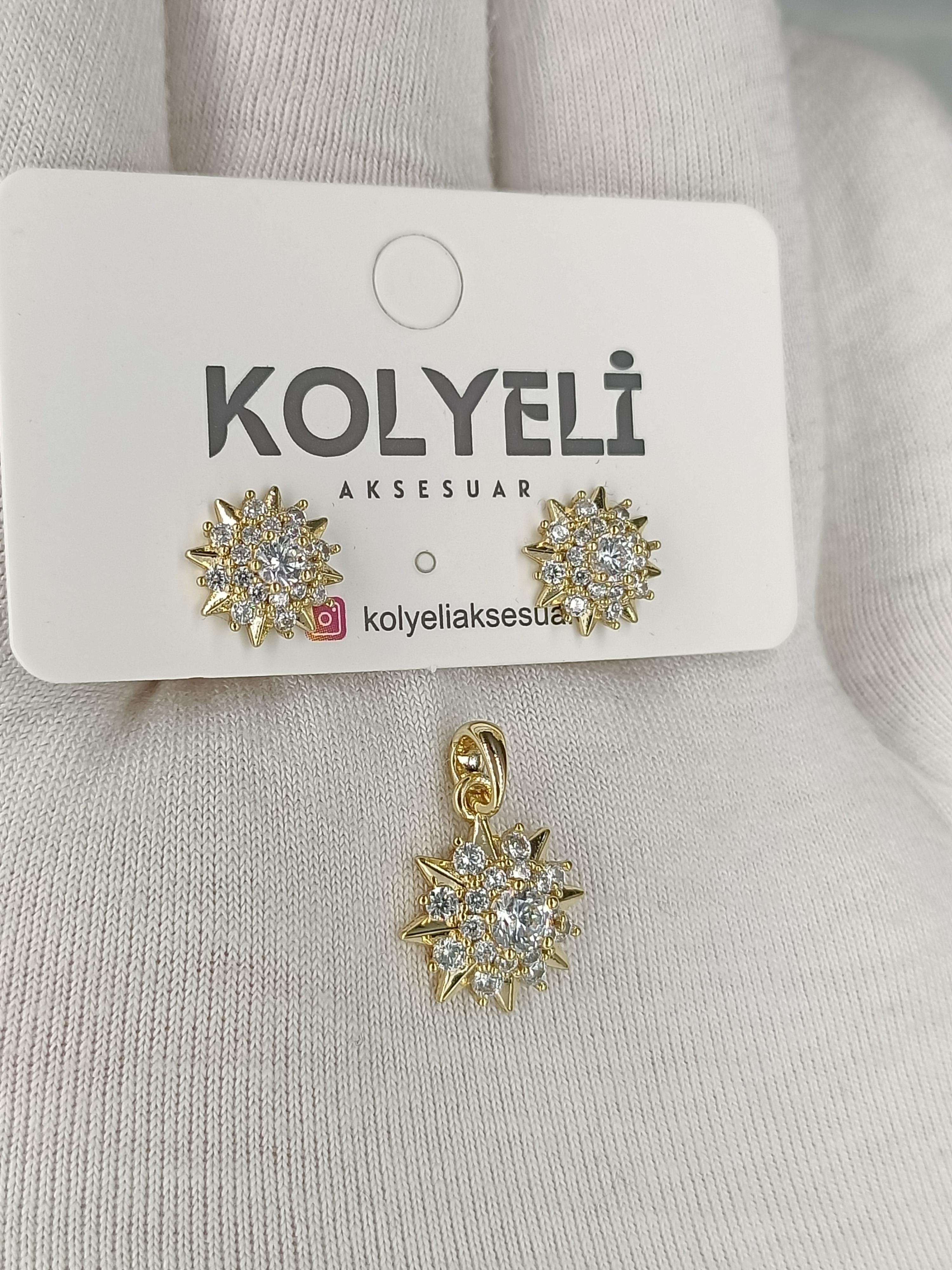 Kolyeli crystal kolye ucu küpe set