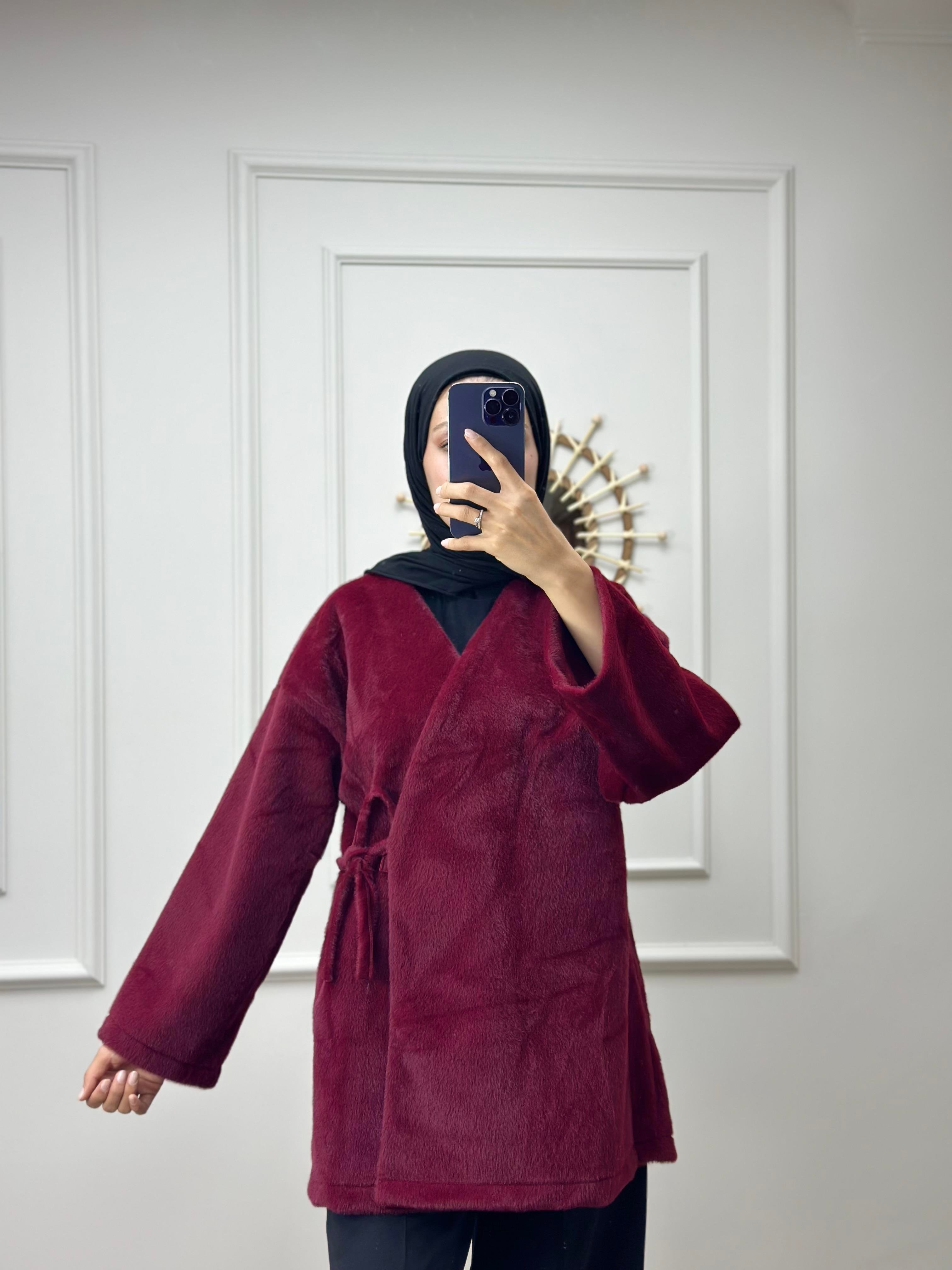 Bordo Bağlamalı Peluş Kimono