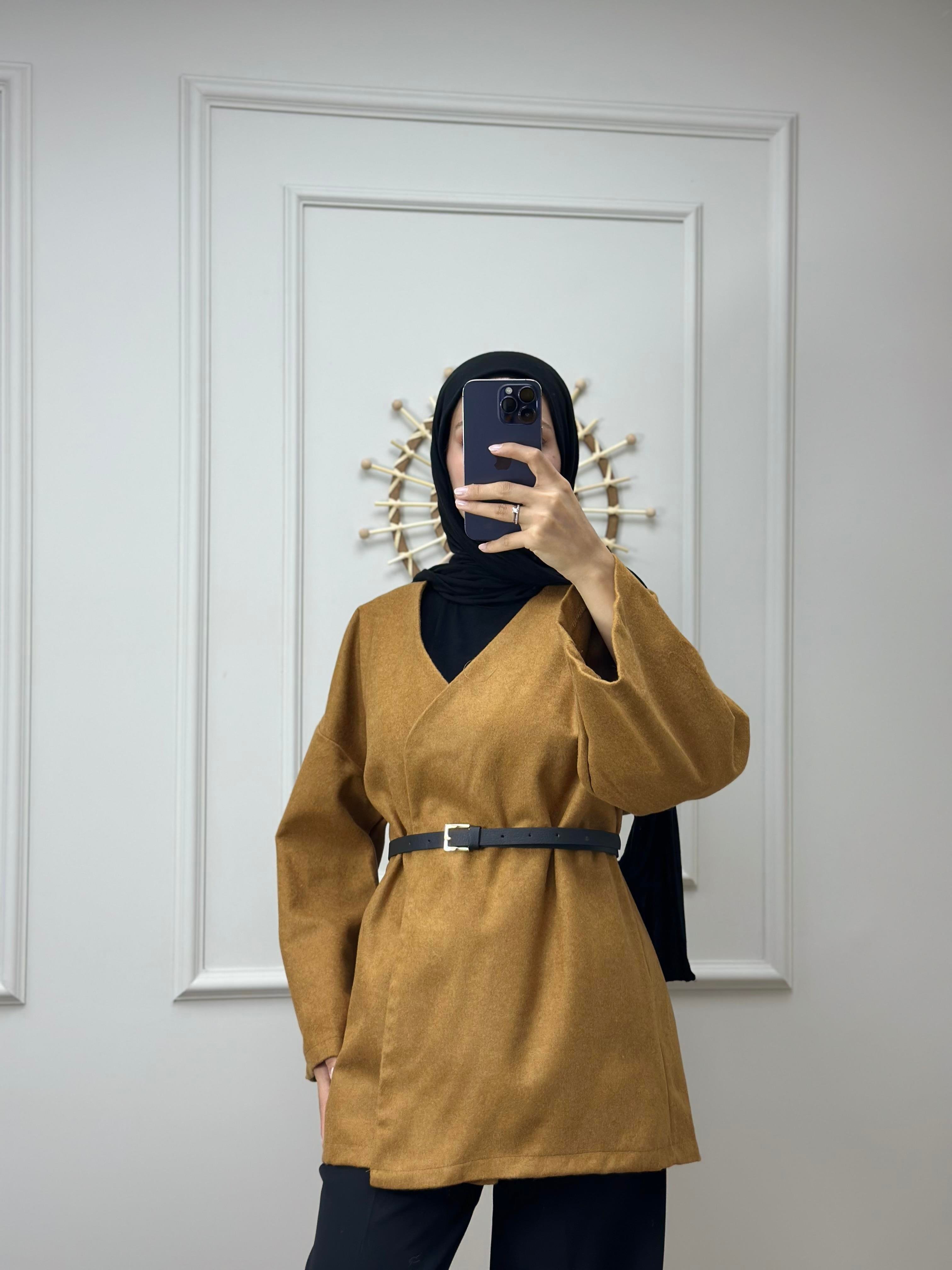 Hardal Bel Kemerli Kaşe Kimono