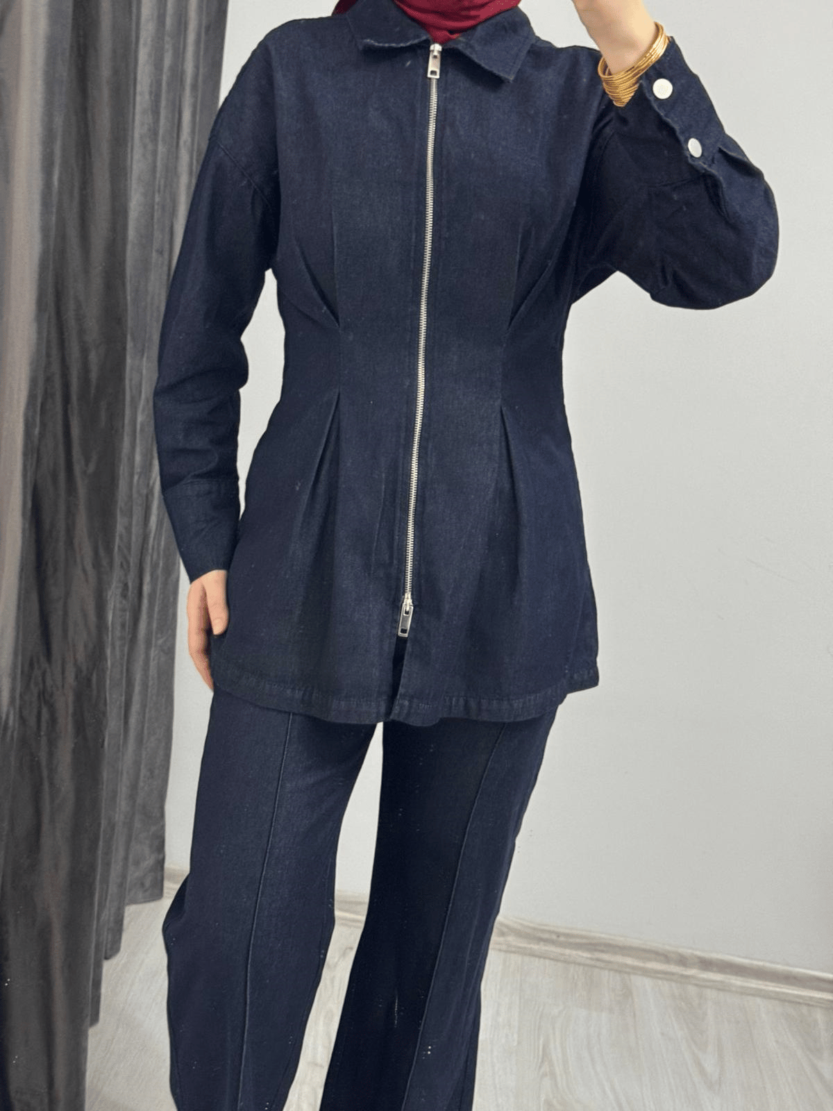 Belden Oturtmalı Fermuarlı Denim Takım