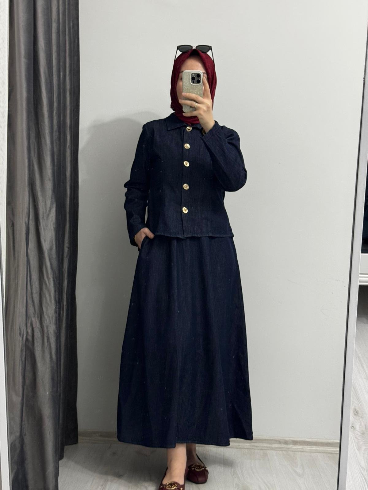 Gold Düğmeli Etekli Denim Takım