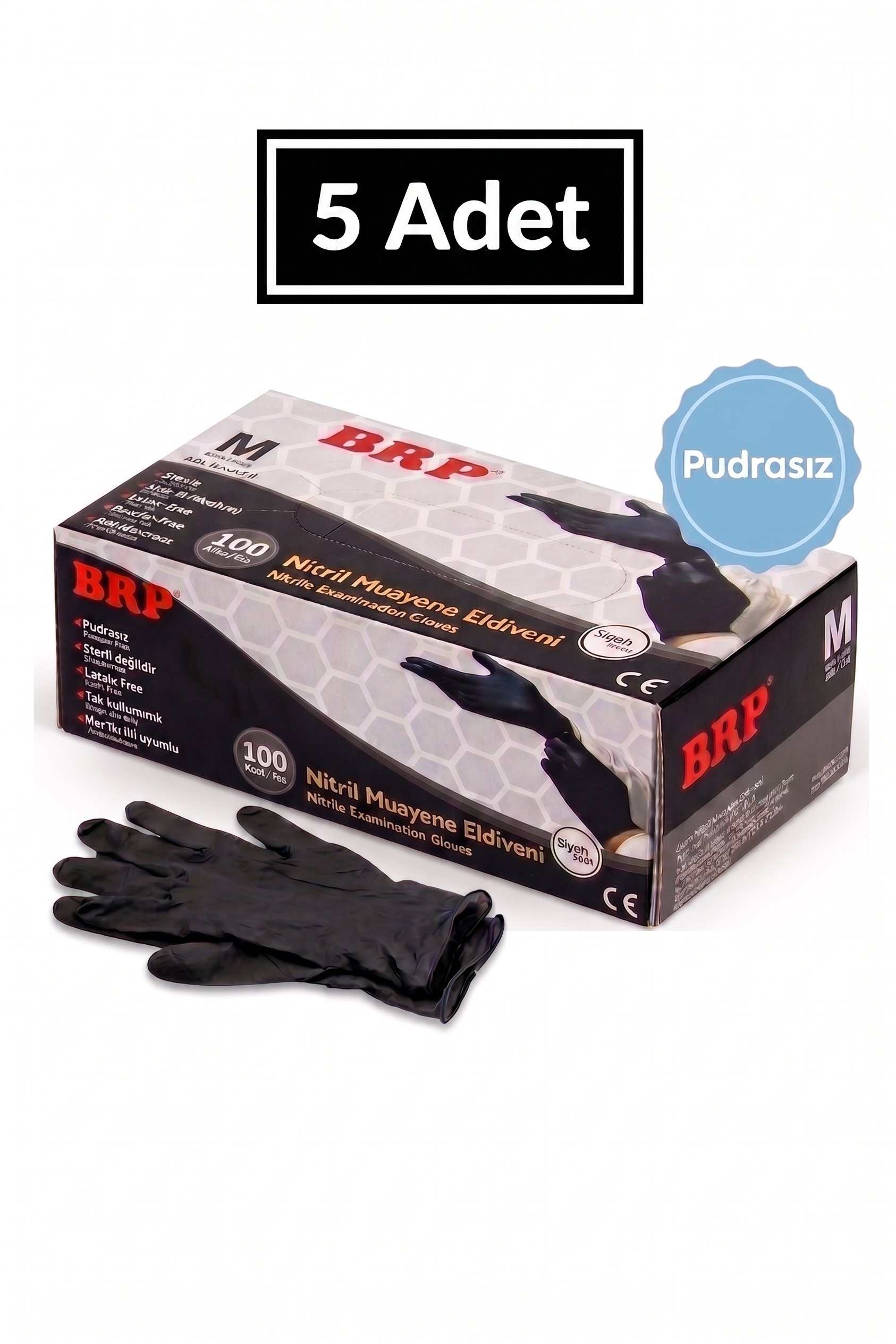 Brp Pudrasız Siyah Nitril Eldiven (M) Beden 100'lü 5 paket