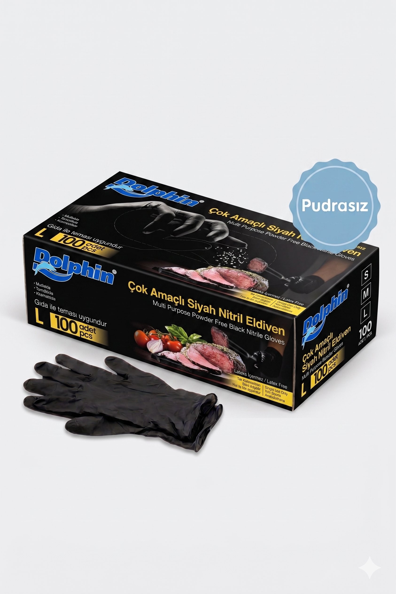 Dolphin Pudrasız Siyah Nitril Eldiven (L) Beden 100'lü 1 paket