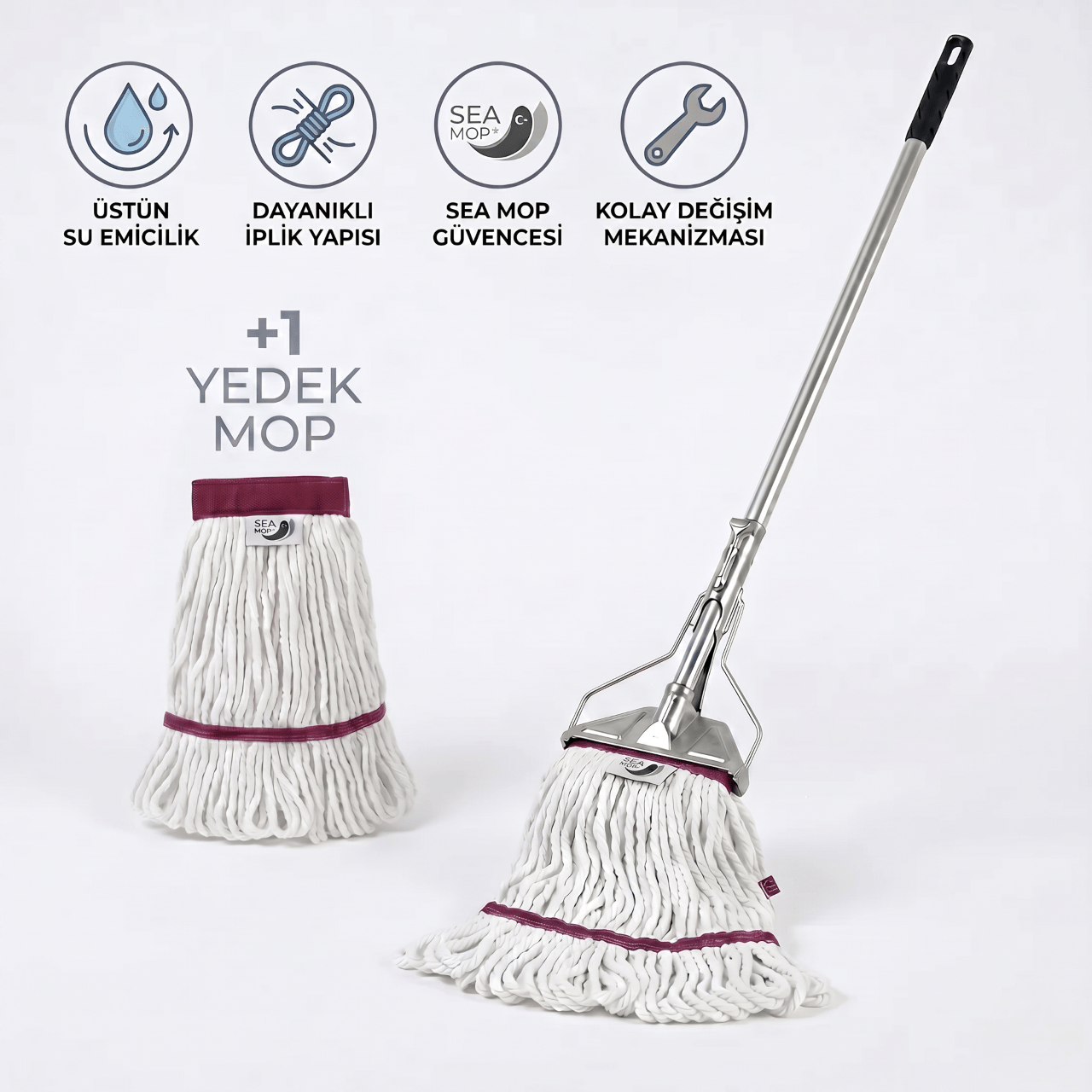 Ekstra Islak Mop Dar Ekru 375 Gr Temizlik Seti (Dar Metal Yaylı Sap 130 Cm - Ekstra Islak Mop Dar Ekru 30x70 - 375 gr - +1 Yedek mop ile)