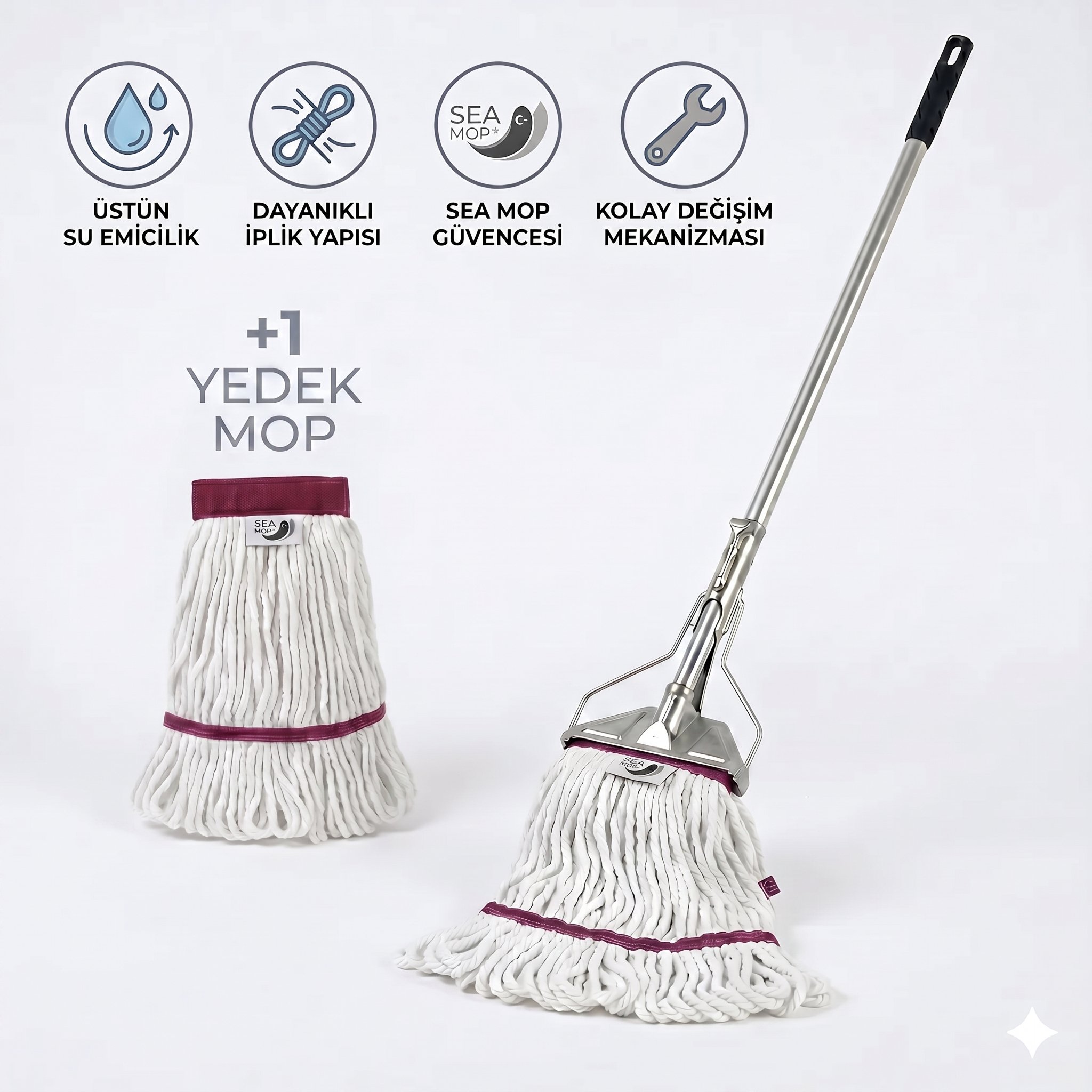 Ekstra Islak Mop Dar Ekru 375 Gr Temizlik Seti (Dar Metal Yaylı Sap 130 Cm - Ekstra Islak Mop Dar Ekru 30x70 - 375 gr - +1 Yedek mop ile)