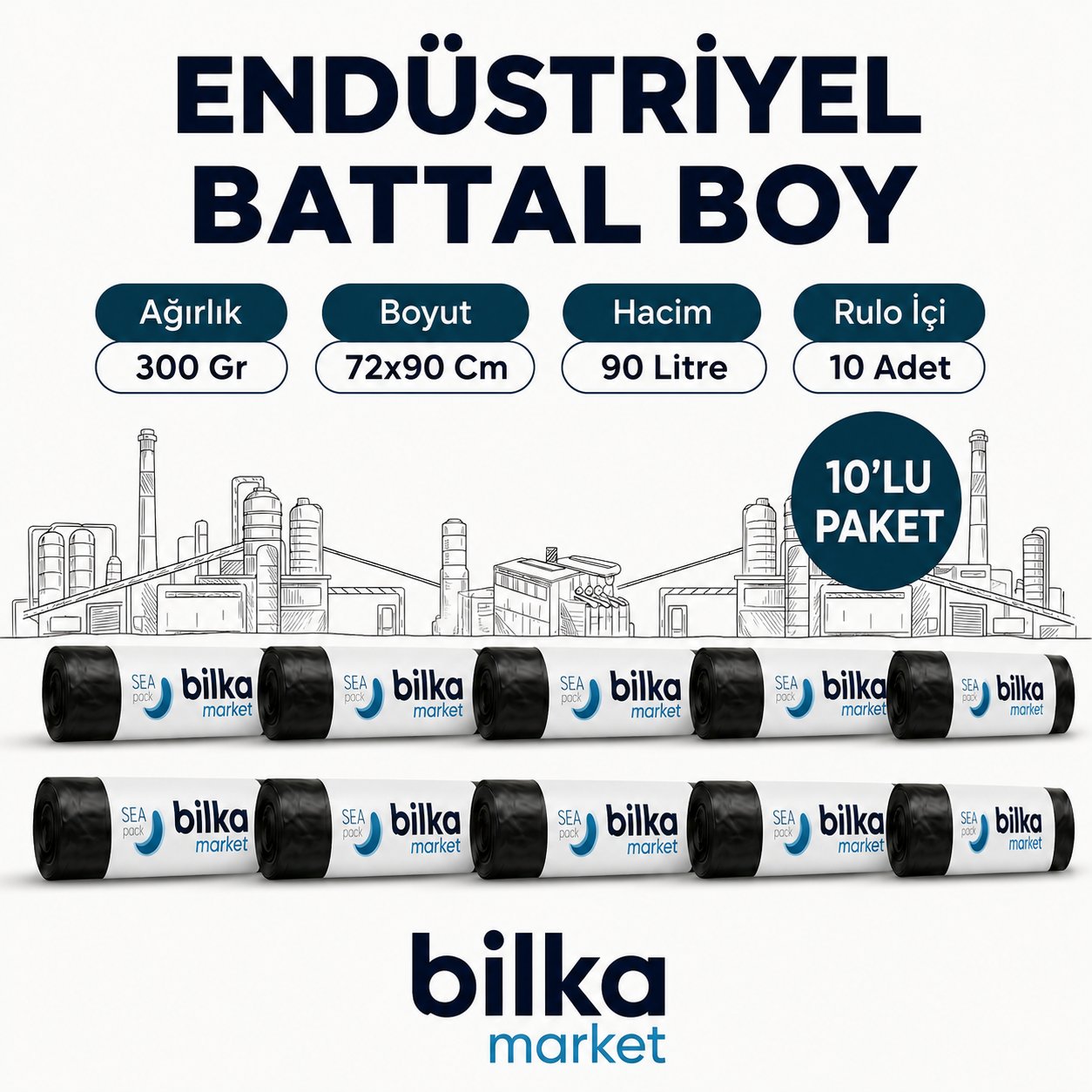 Endüstriyel Battal Boy Çöp Poşeti 72-90 Cm Siyah (10'lu)