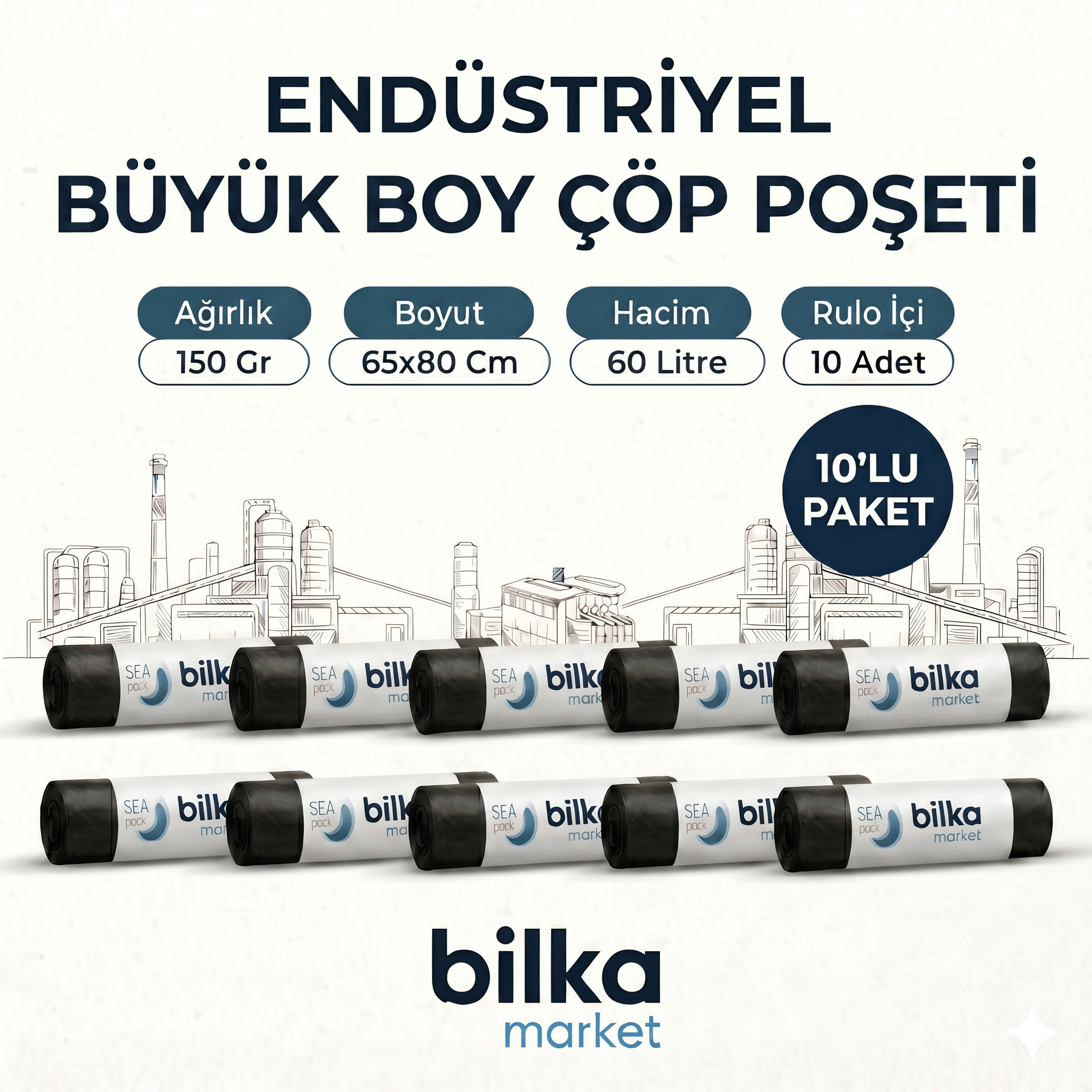 Endüstriyel Büyük Boy Çöp Poşeti 65-80 Cm Siyah (10'lu)