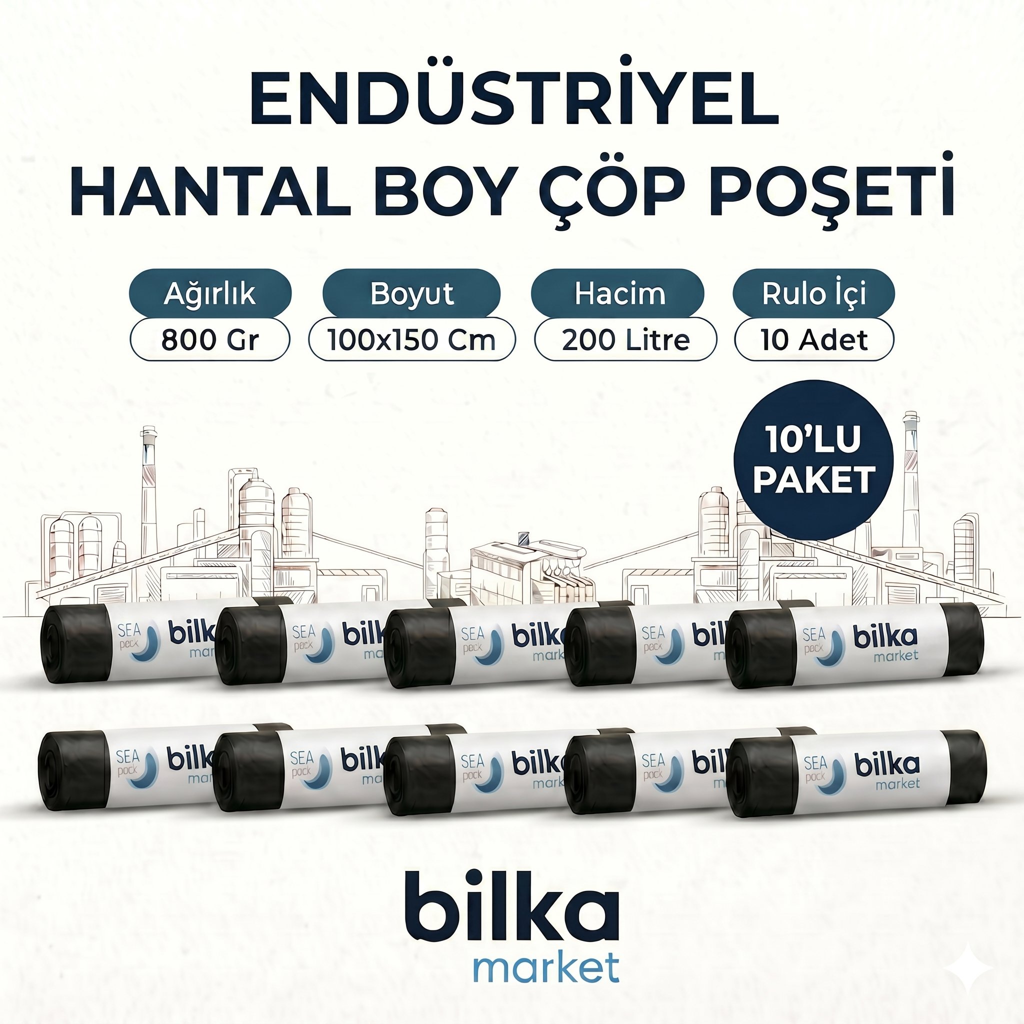 Endüstriyel Hantal Boy Çöp Poşeti 100-150 Cm Siyah (10'lu)