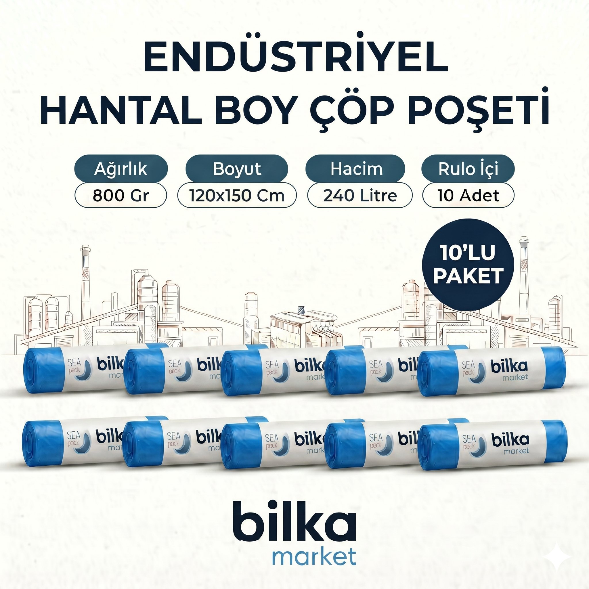 Endüstriyel Hantal Boy Çöp Poşeti 120-150 Cm Mavi (10'lu)