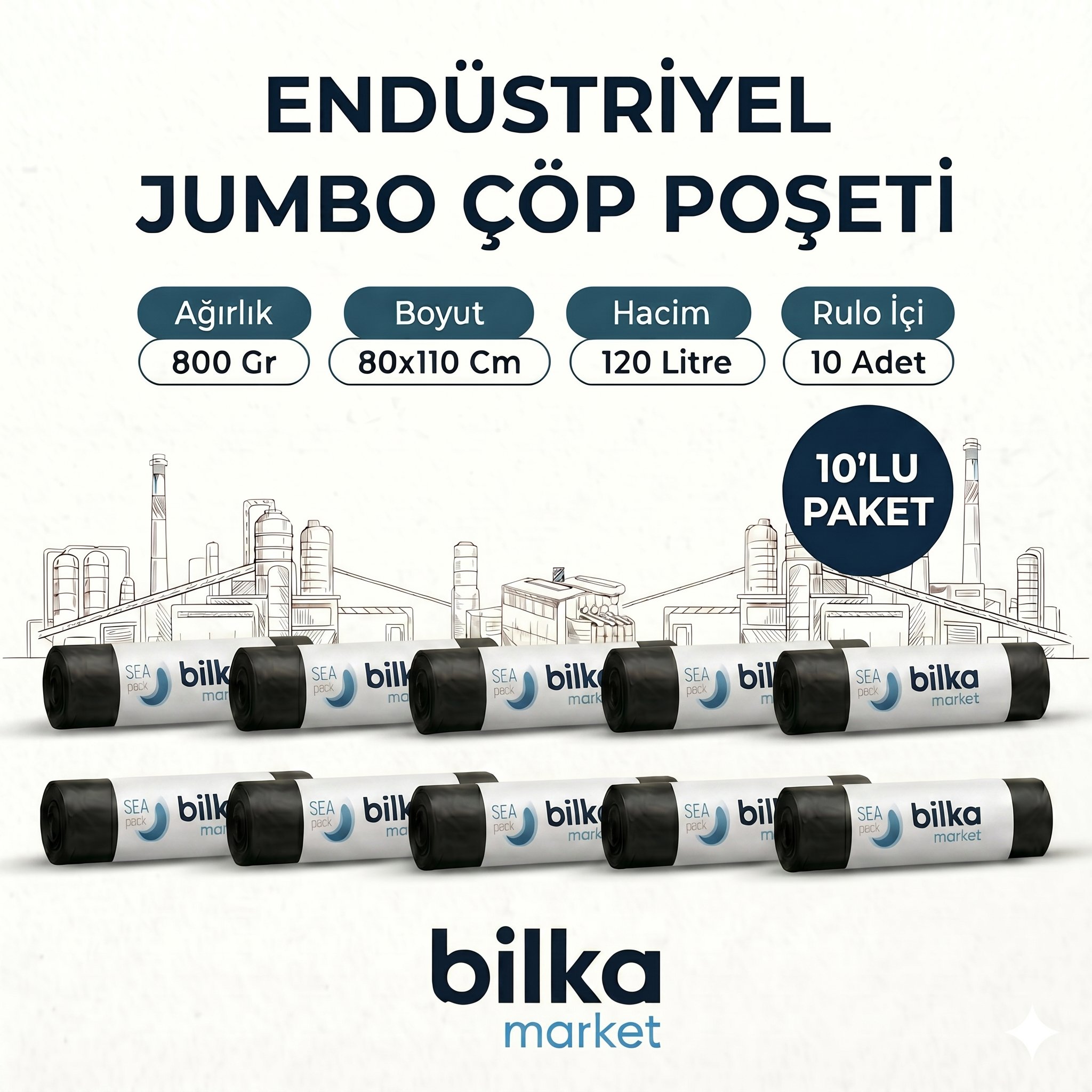 Endüstriyel Jumbo Boy Çöp Poşeti 80x110 Cm Siyah (10'lu)