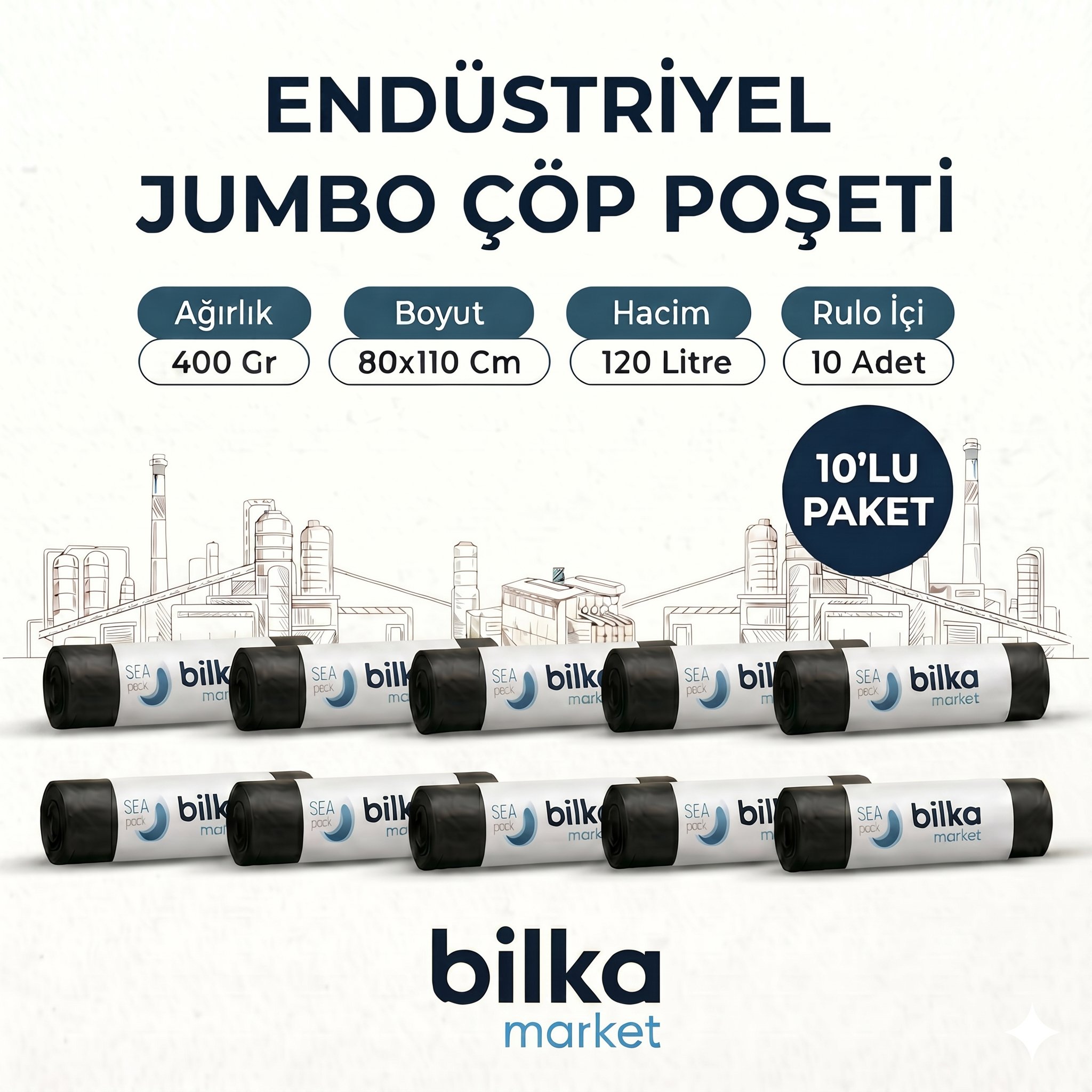 Endüstriyel Jumbo Boy Çöp Poşeti 80x110 Cm 400 Gr Siyah (10'lu)