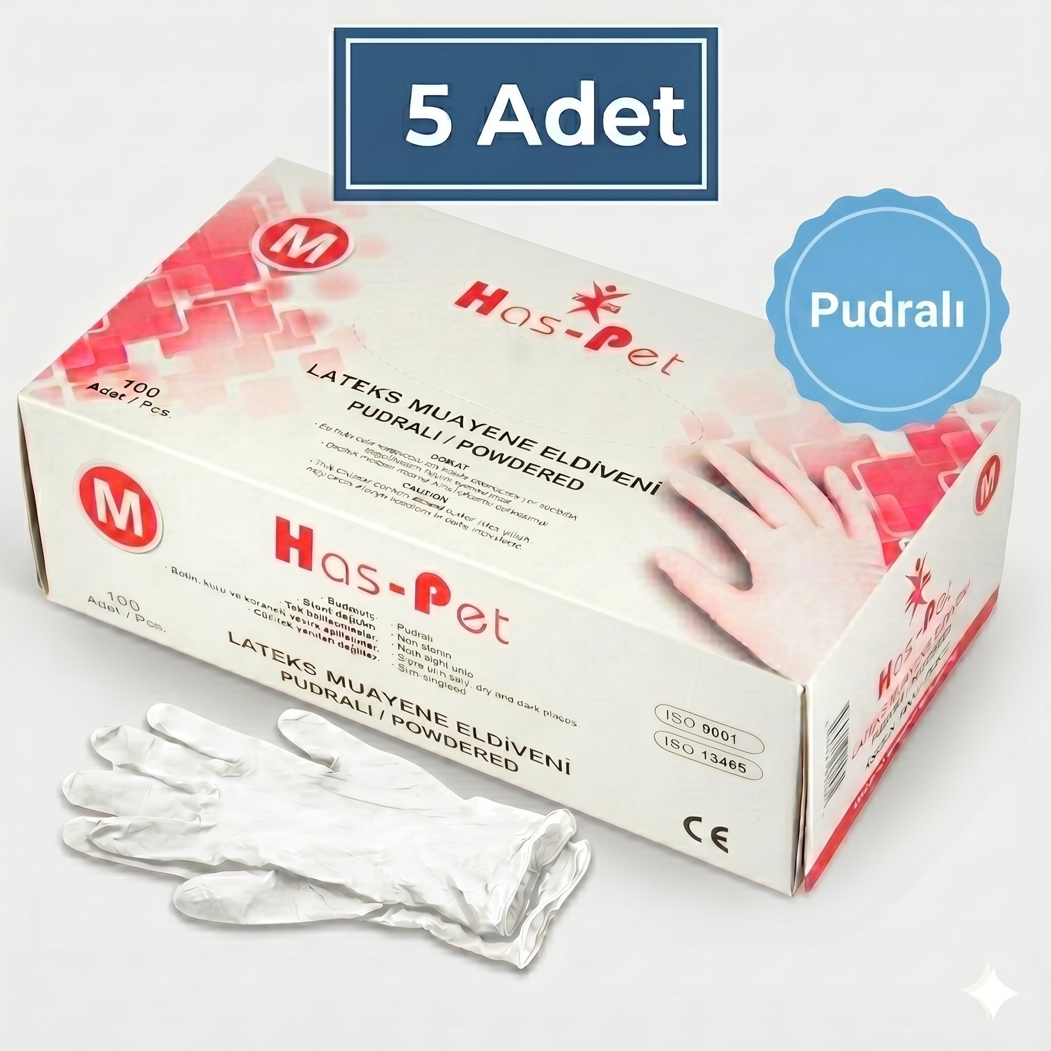 Haspet Pudralı Lateks Muayene Eldiveni (M) Beden 100'lü 5 paket