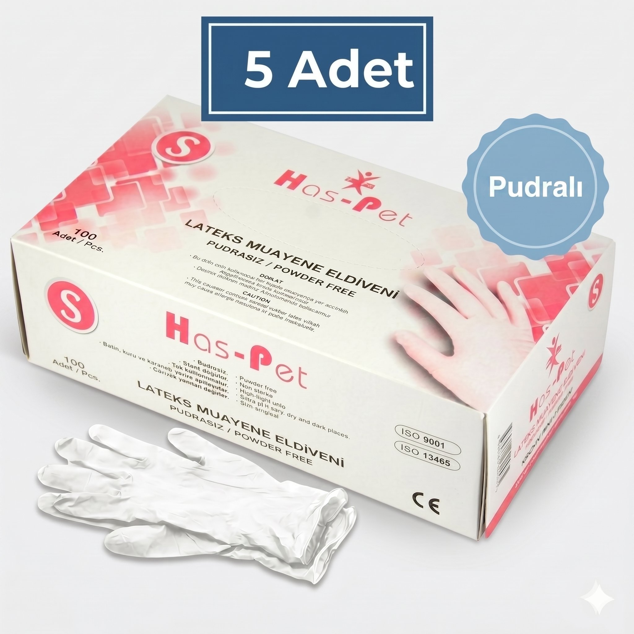 Haspet Pudralı Lateks Muayene Eldiveni (S) Beden 5'li 100'lü 5 paket