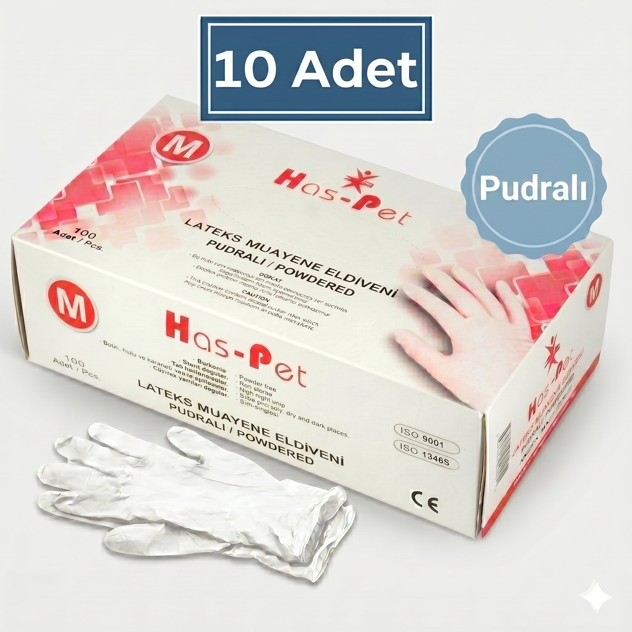 Haspet Pudralı Lateks Muayene Eldiveni (M) Beden 100'lü 10 paket