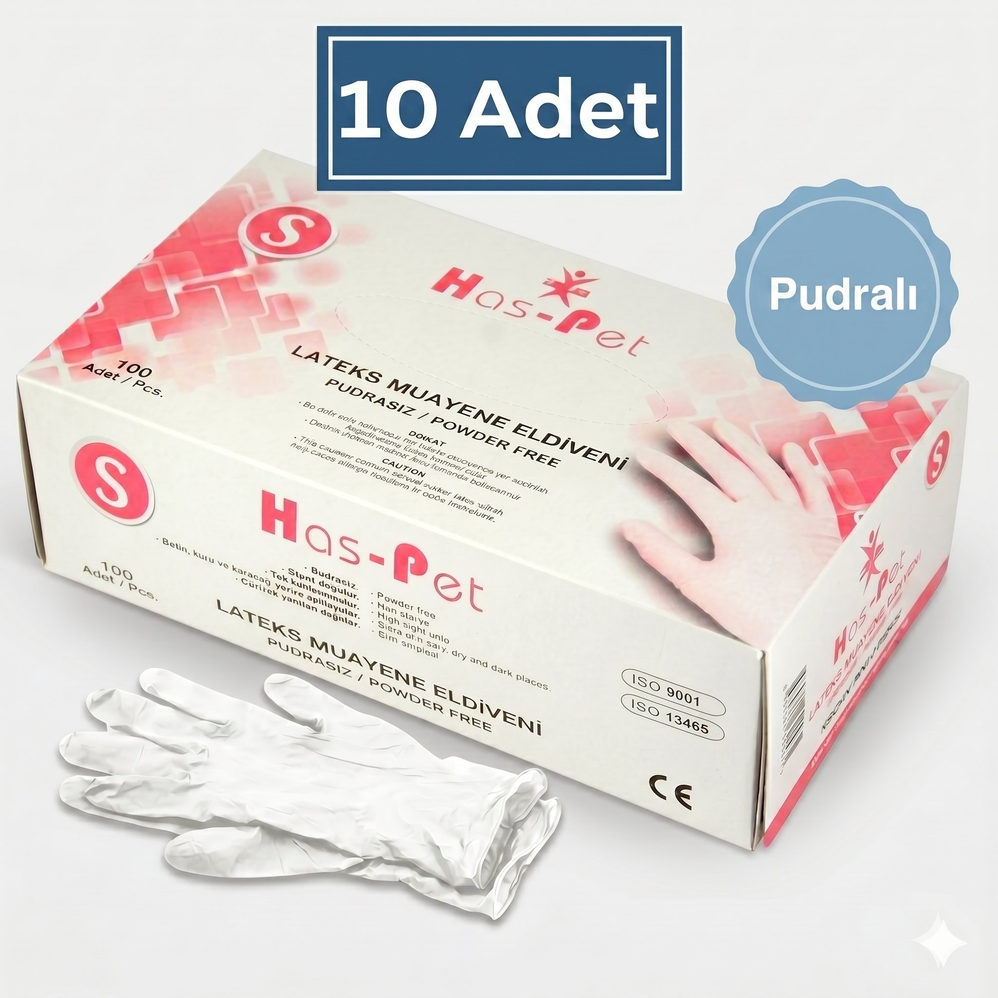 Haspet Pudralı Lateks Muayene Eldiveni (S) Beden 100'lü 10 paket