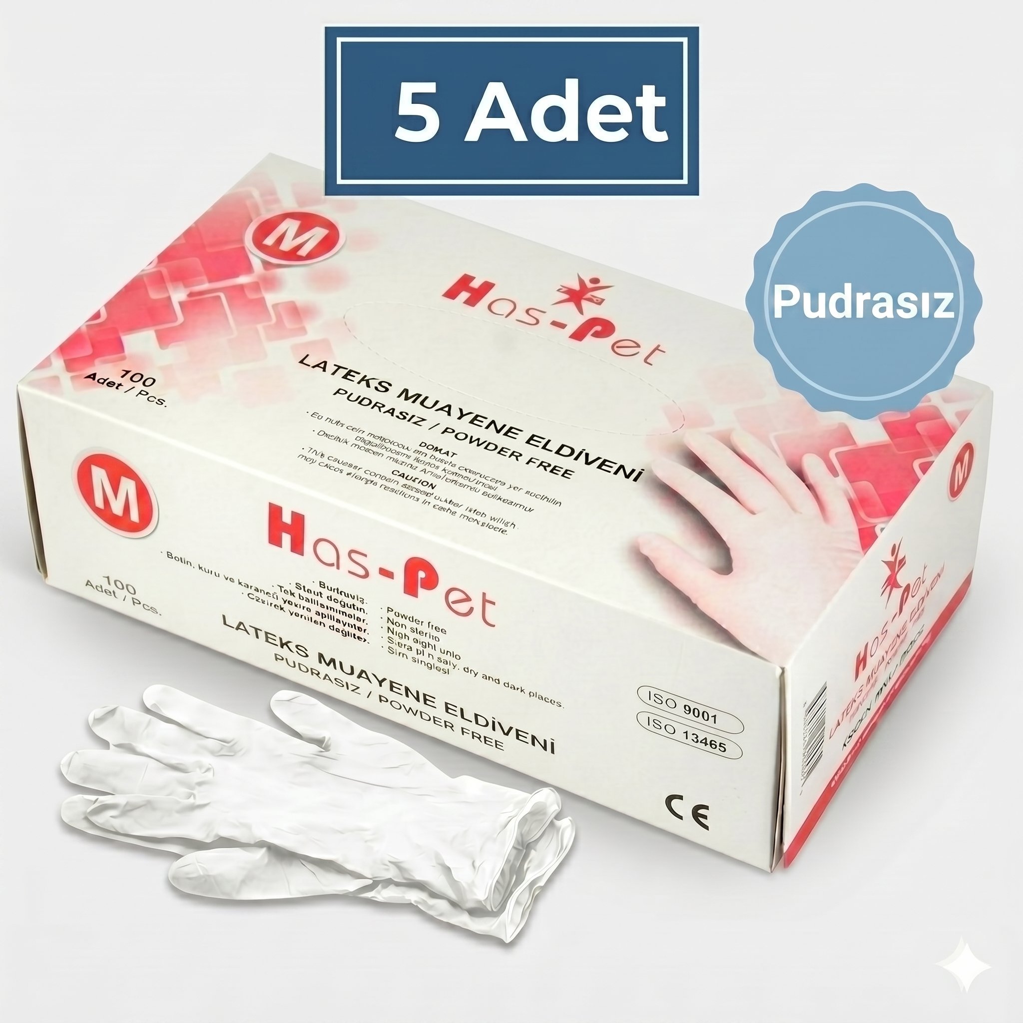 Haspet Pudrasız Lateks Muayene Eldiveni (M) Beden 100'lü 5 paket