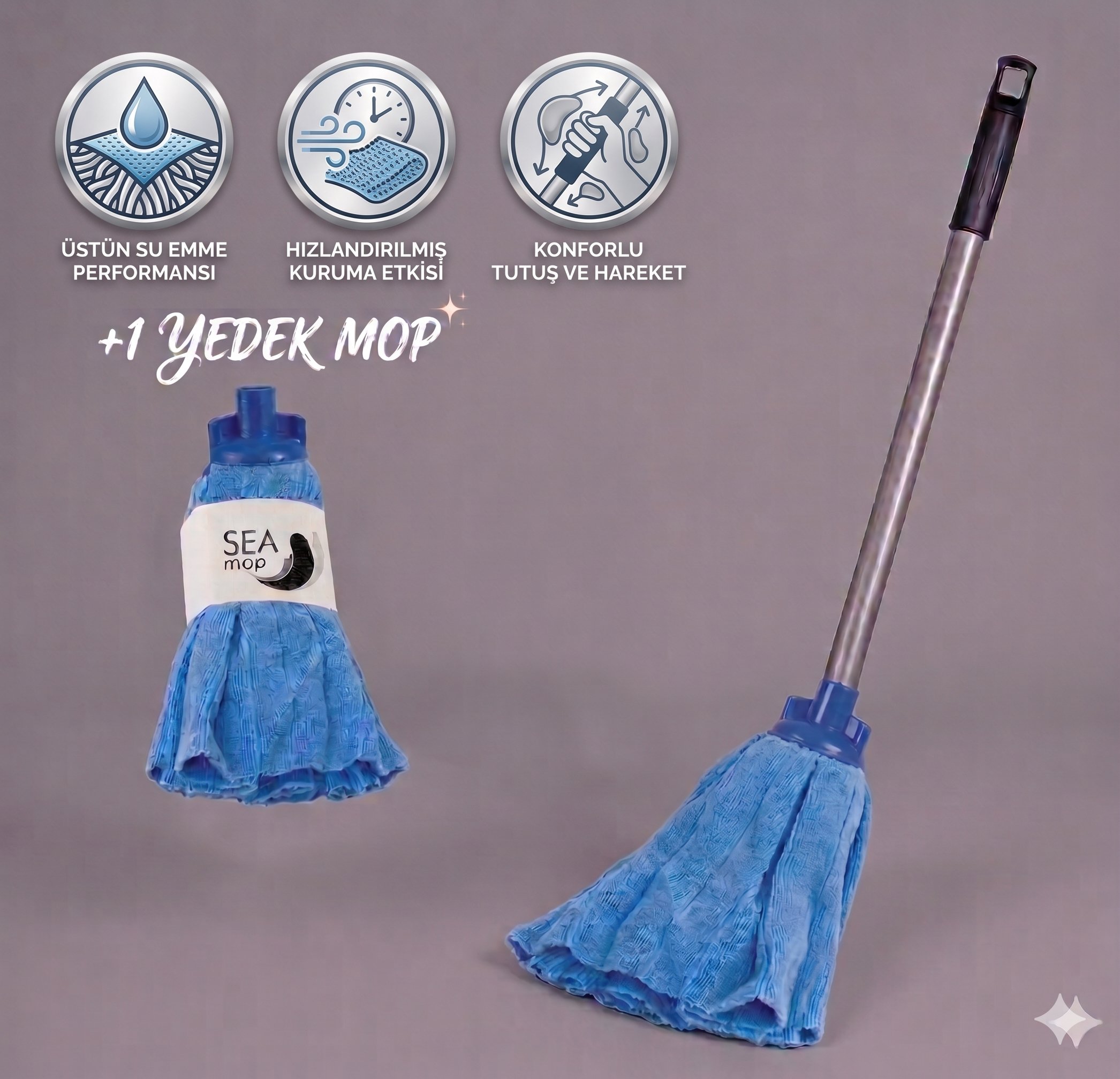 Havlu Mop Seti (Galvanizli Vidalı Metal Sap 120 Cm - Havlu Mop - +1 Yedek Mop ile)