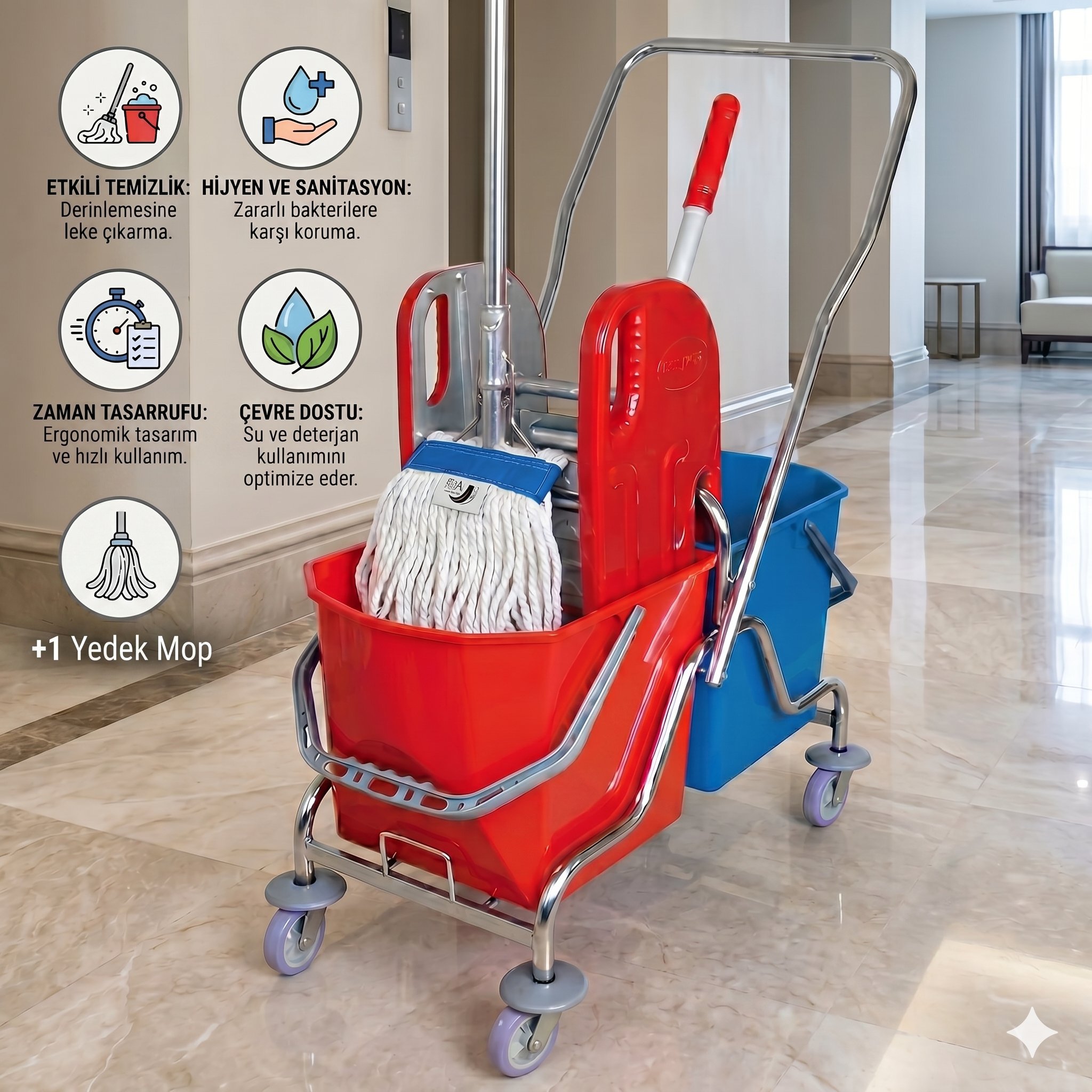 Krom Çift Kovalı Temizlik Seti - Çelik Pres - Dar Metal Sap 130 Cm - Ekstra Islak Mop Dar Ekru 375 Gr - +1 Yedek Mop ile