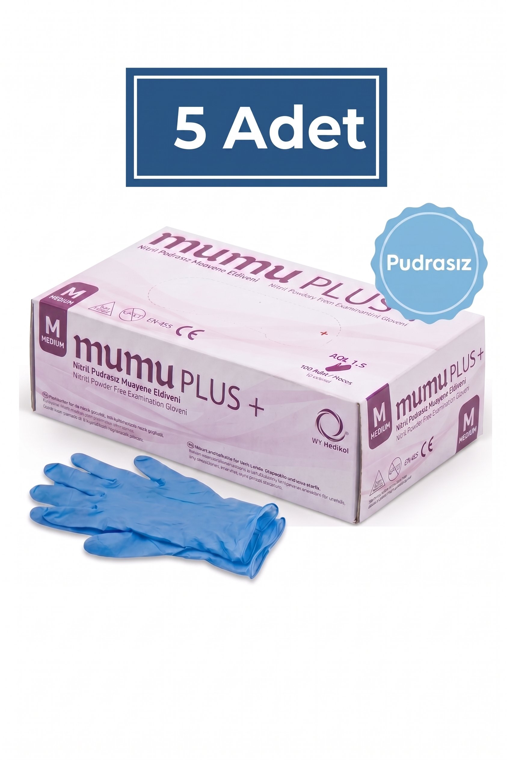 Mumu Plus Pudrasız Mavi Nitril Eldiven (M) Beden 100'lü 5 paket