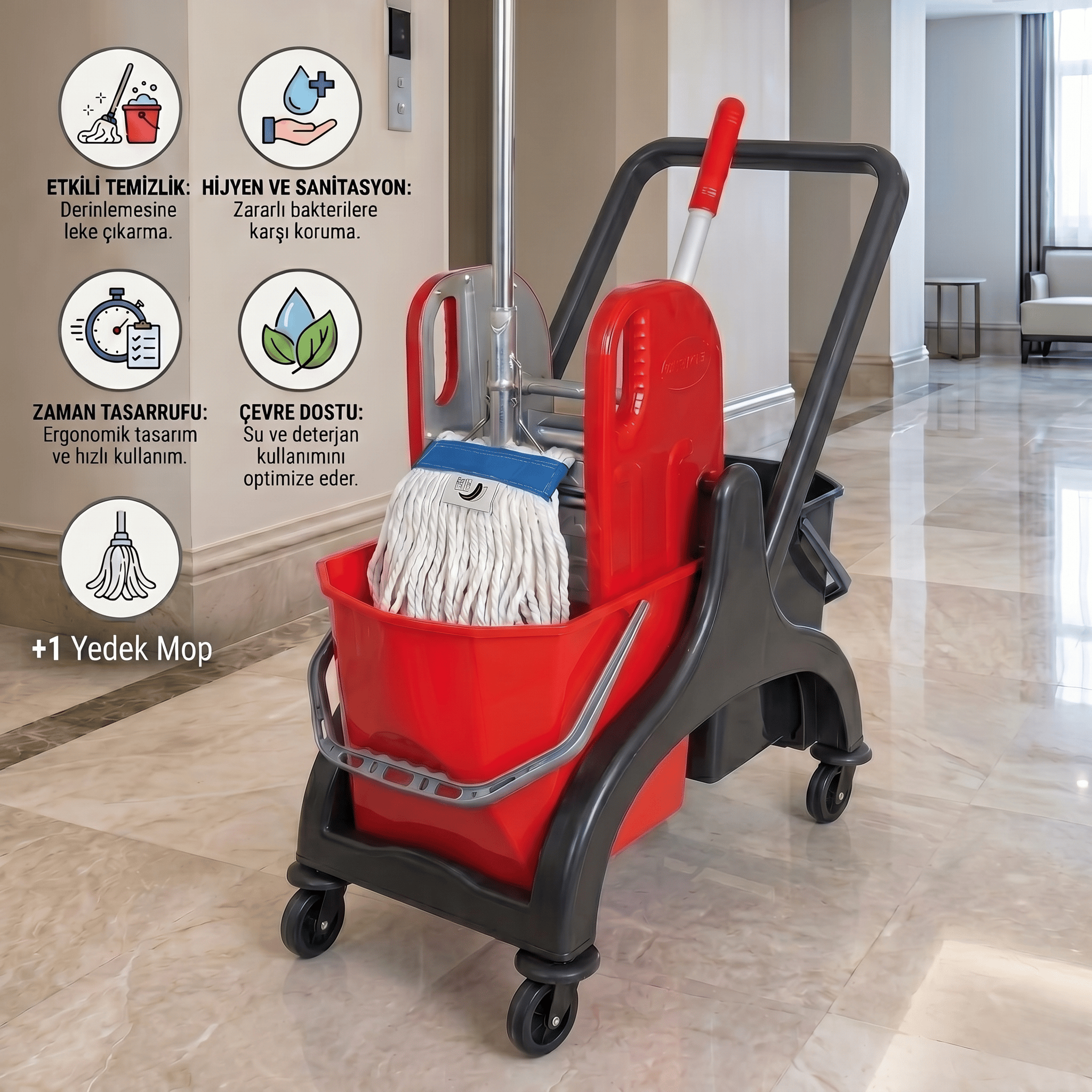 Plastik Çift Kovalı Temizlik Seti - Plastik Pres - Çift Kova - Dar Metal Sap 130 Cm - Ekstra Islak Mop Dar Ekru 375 Gr - +1 Yedek Mop ile