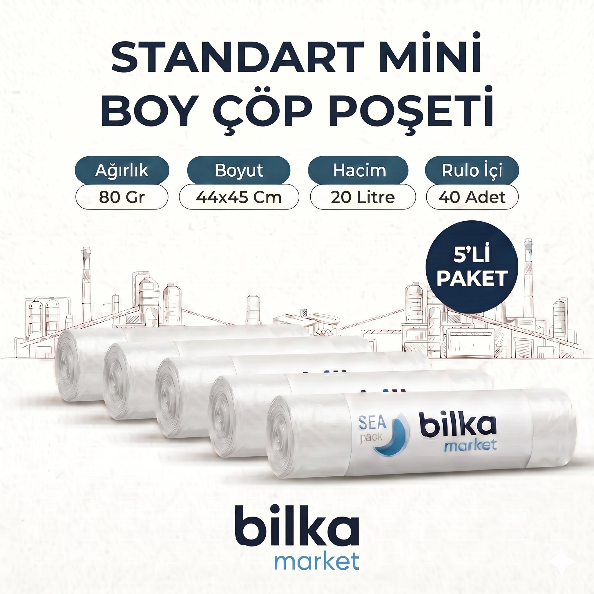 Standart Mini Boy Çöp Poşeti 44-45 Cm Beyaz (5'li)