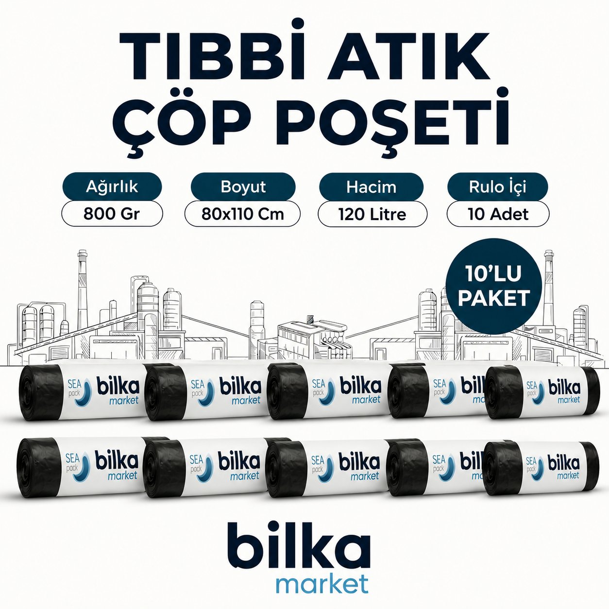 Tıbbi Atık Çöp Poşeti 80x110 Siyah (10'lu)