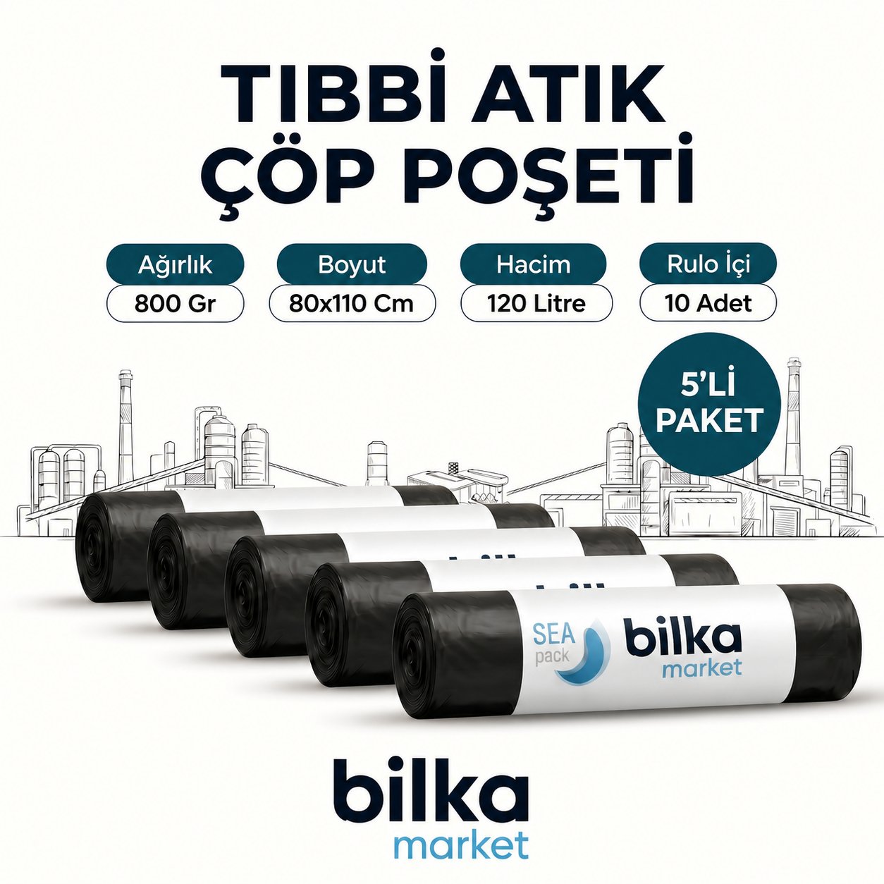 Tıbbi Atık Çöp Poşeti 80x110 Siyah (5'li)