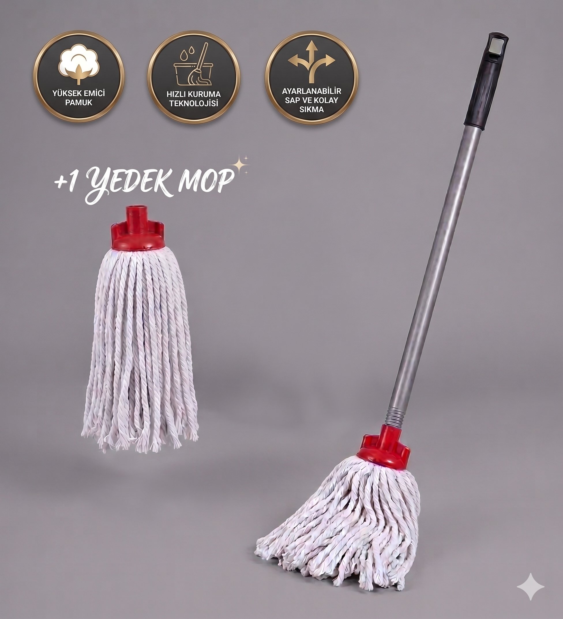 Vidalı Mop Seti (Galvanizli Vidalı Metal Sap 120 Cm - Vidalı Mop - +1  Yedek Mop ile)