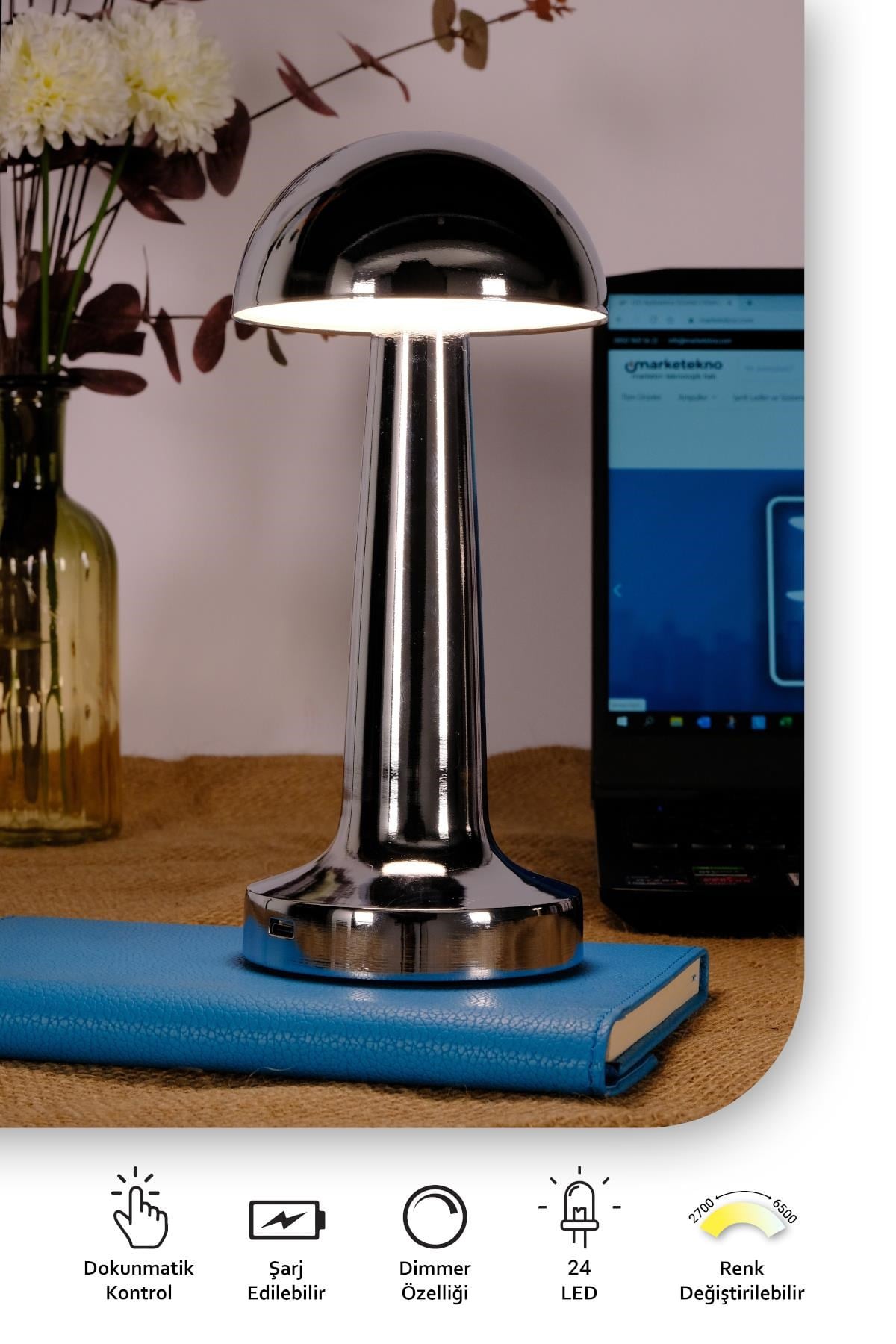 ACK Şarjlı Dokunmatik LED Masa Lambası, Renk Değiştirilebilir, Krom Renk Tek Anahtarla 3 Renk AF11 - 00295