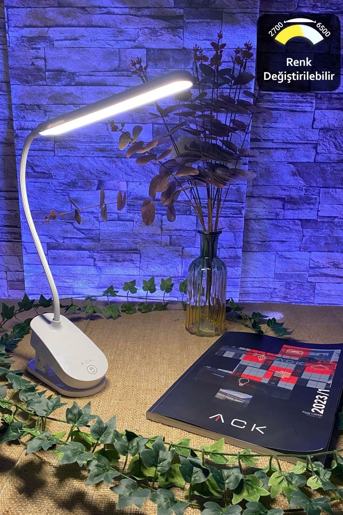 ACK Şarjlı Mandallı LED Masa Lambası, Ayarlanabilir Dokunmatik Işık, Çalışma ve Okuma Lambası 