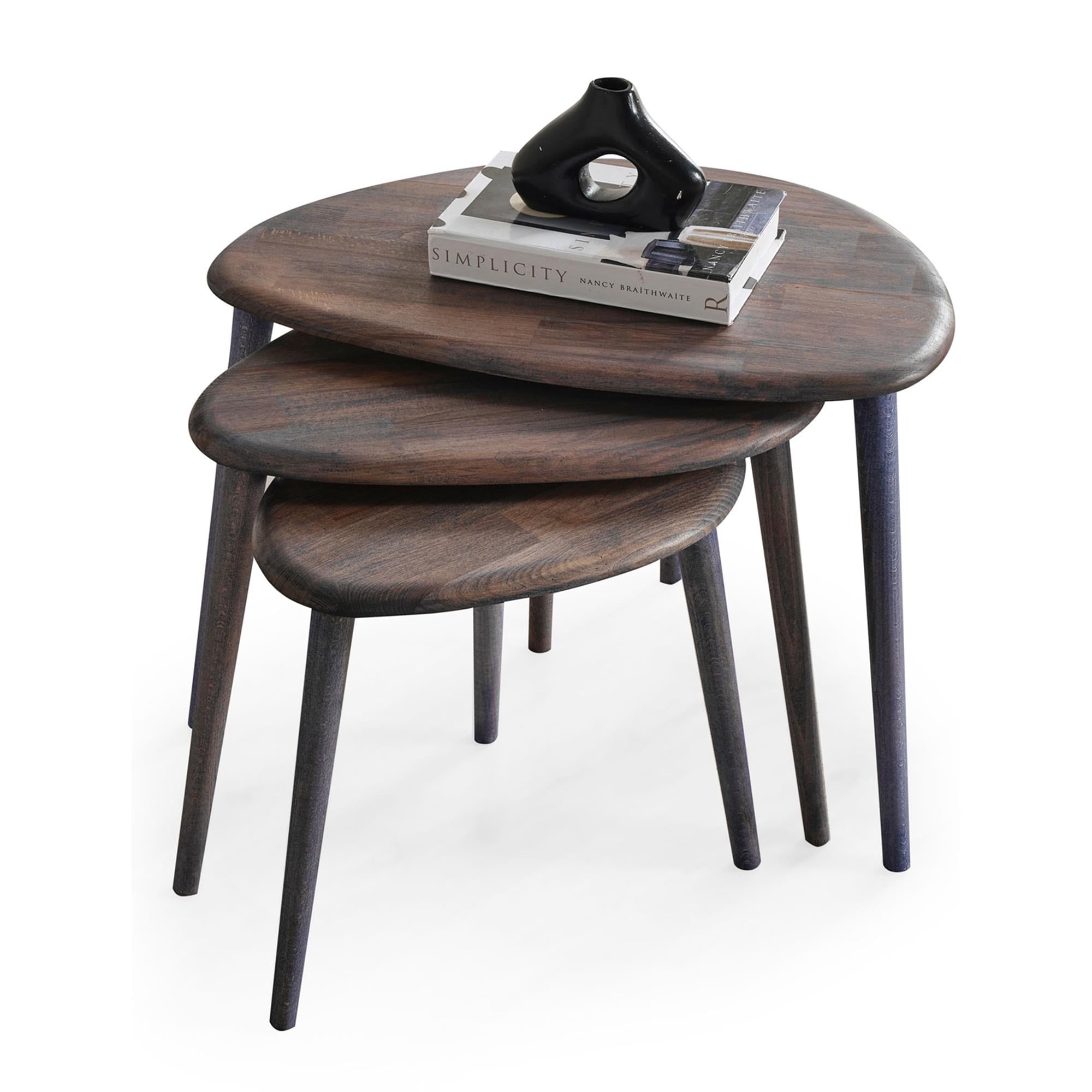 FAVdecor Masif Doğal Ahşap Zigon Sehpa 3'lü Set, Modern Masif Yan Sehpa Antrasit