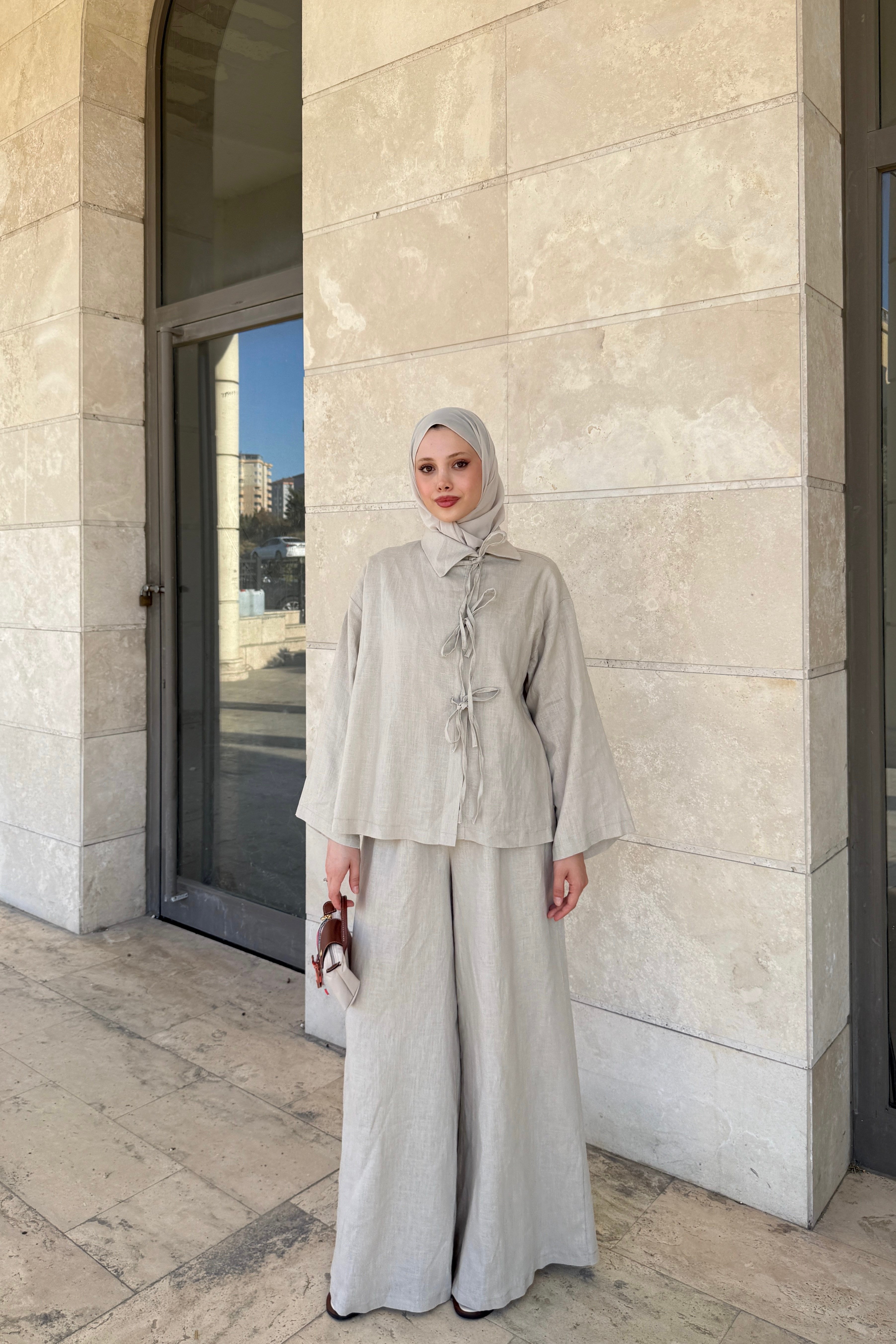 BAĞLAMALI KETEN TAKIM - BEJ