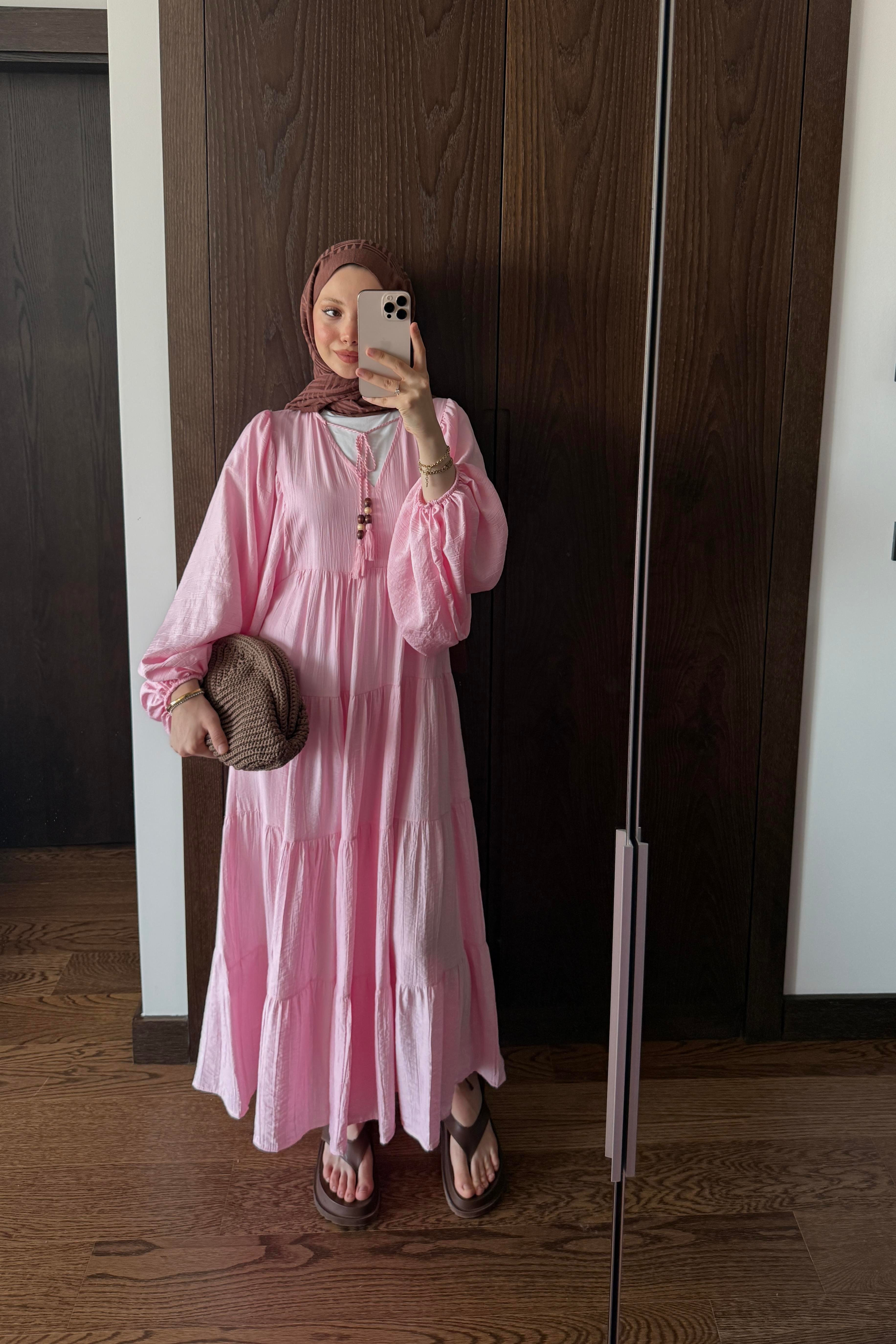 BALON KOL ELBİSE - PEMBE