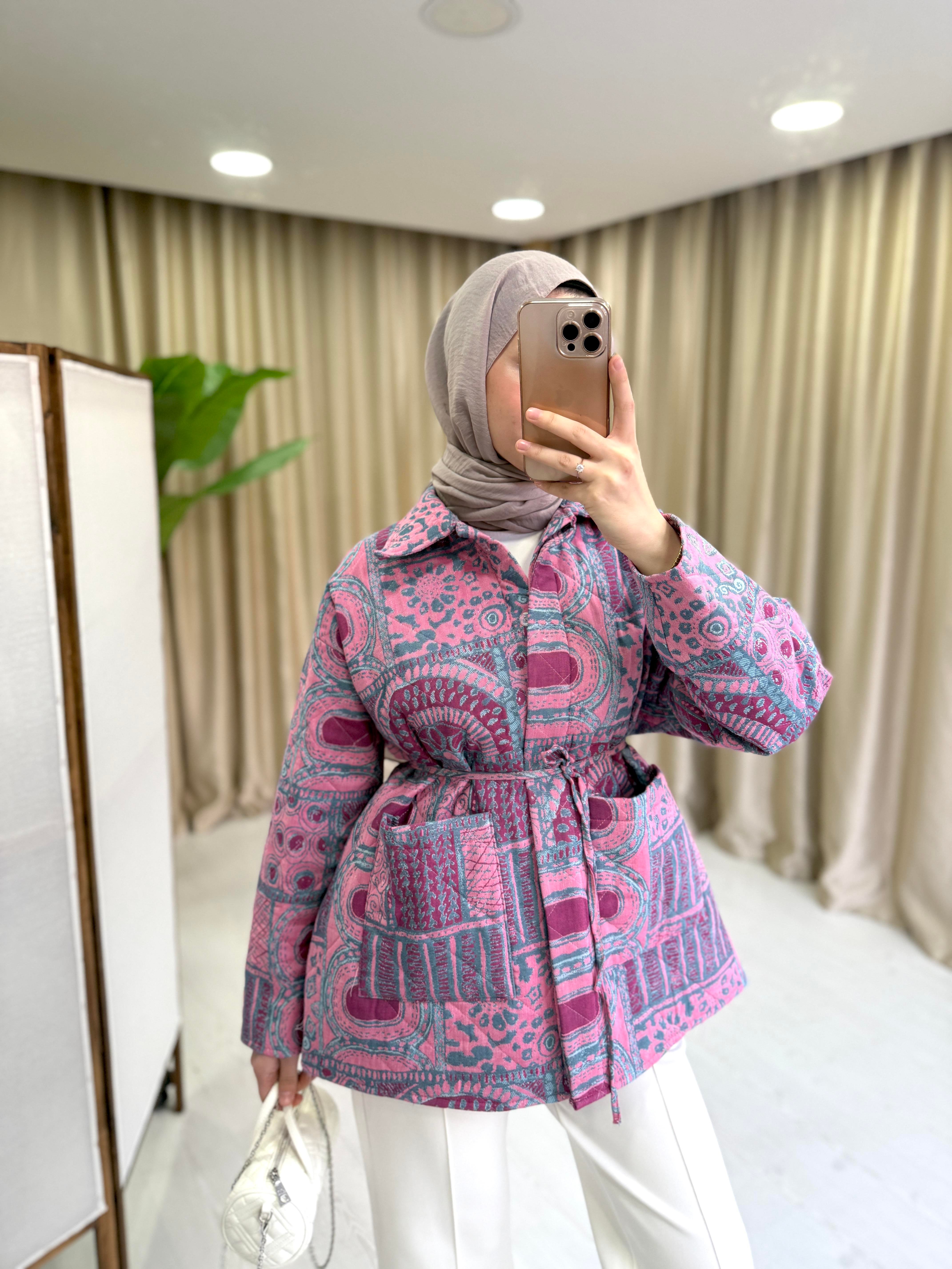 DESENLİ KAPİTONE CEKET - PEMBE