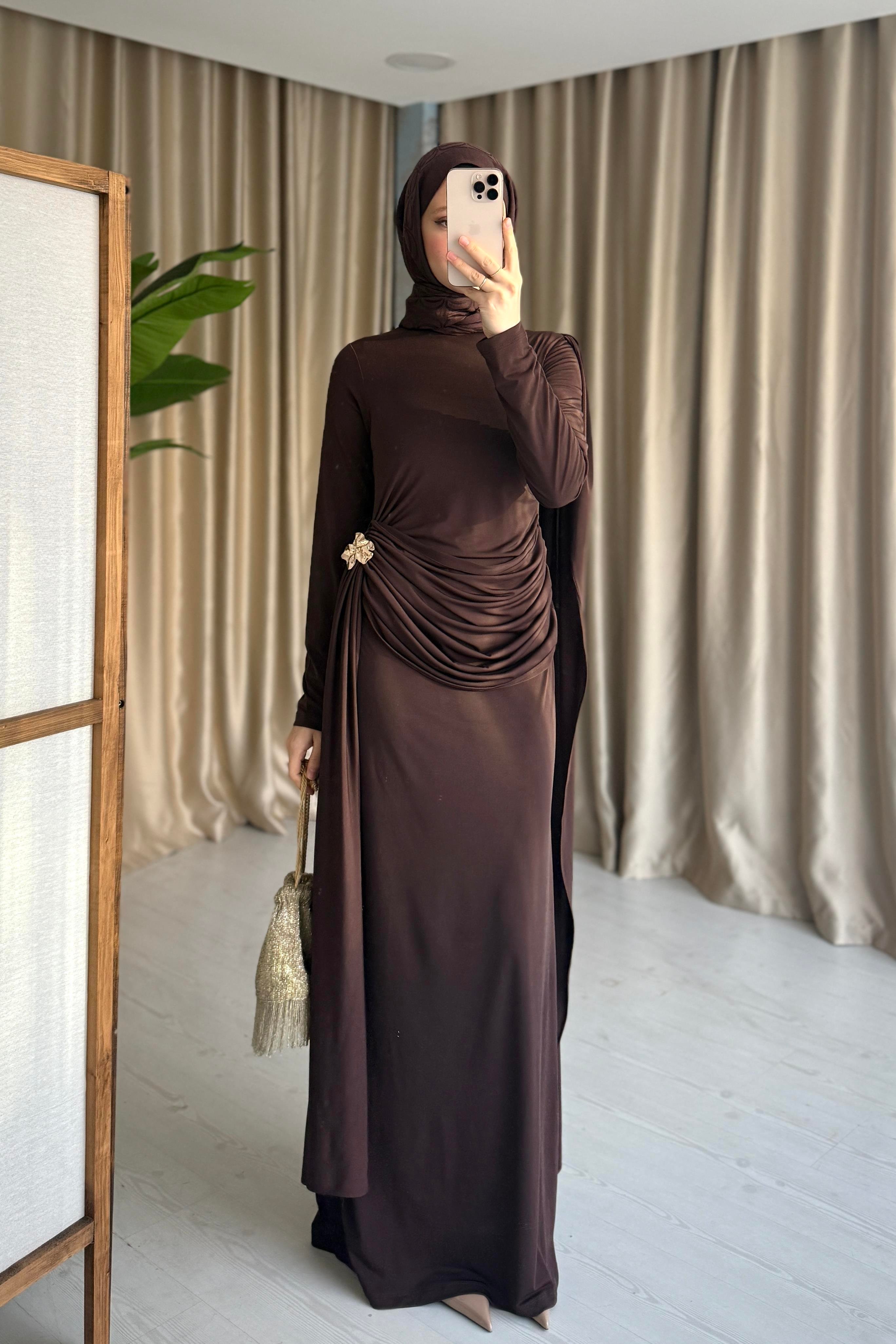 HELEN DRAPELİ ELBİSE - KAHVE