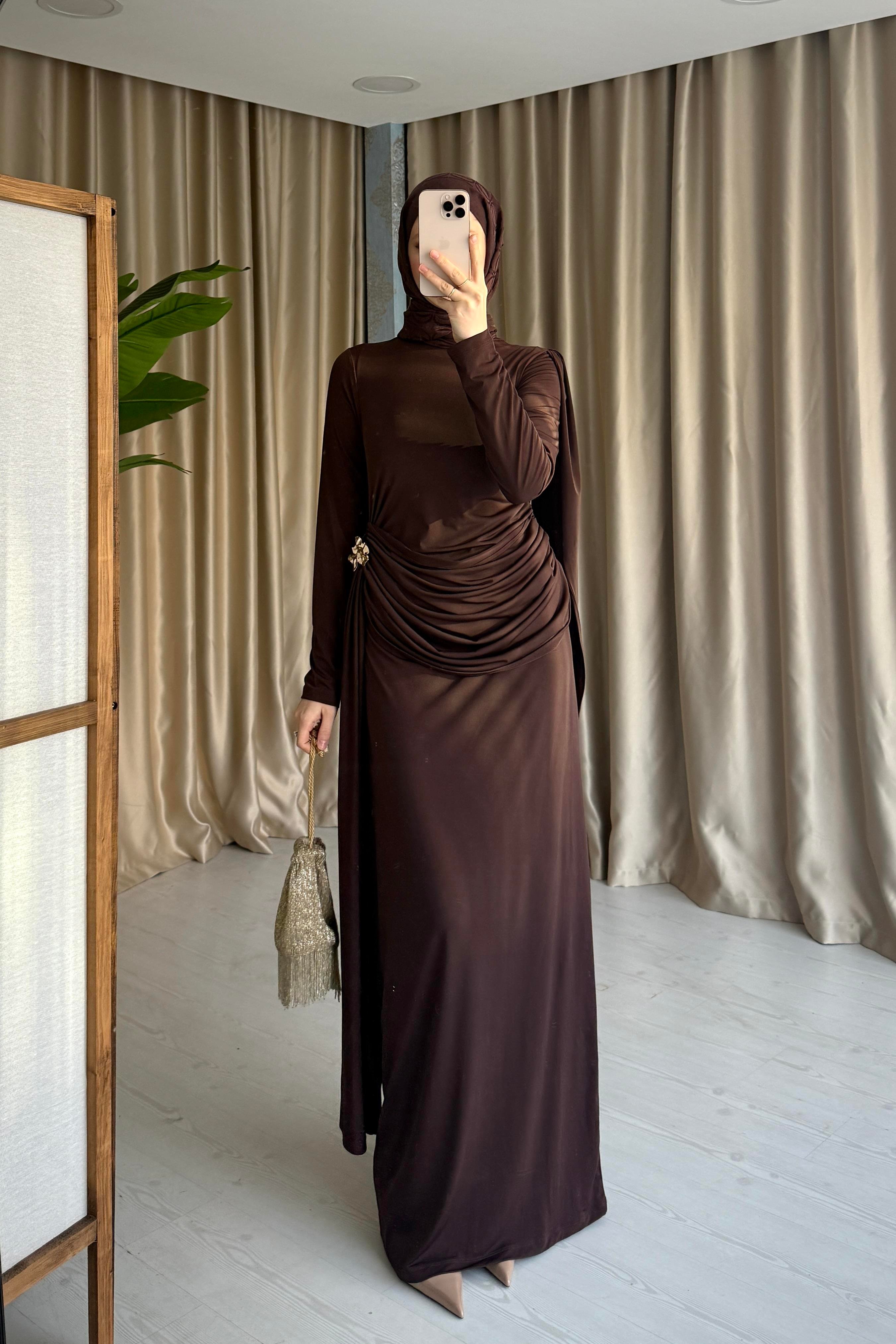 HELEN DRAPELİ ELBİSE - KAHVE