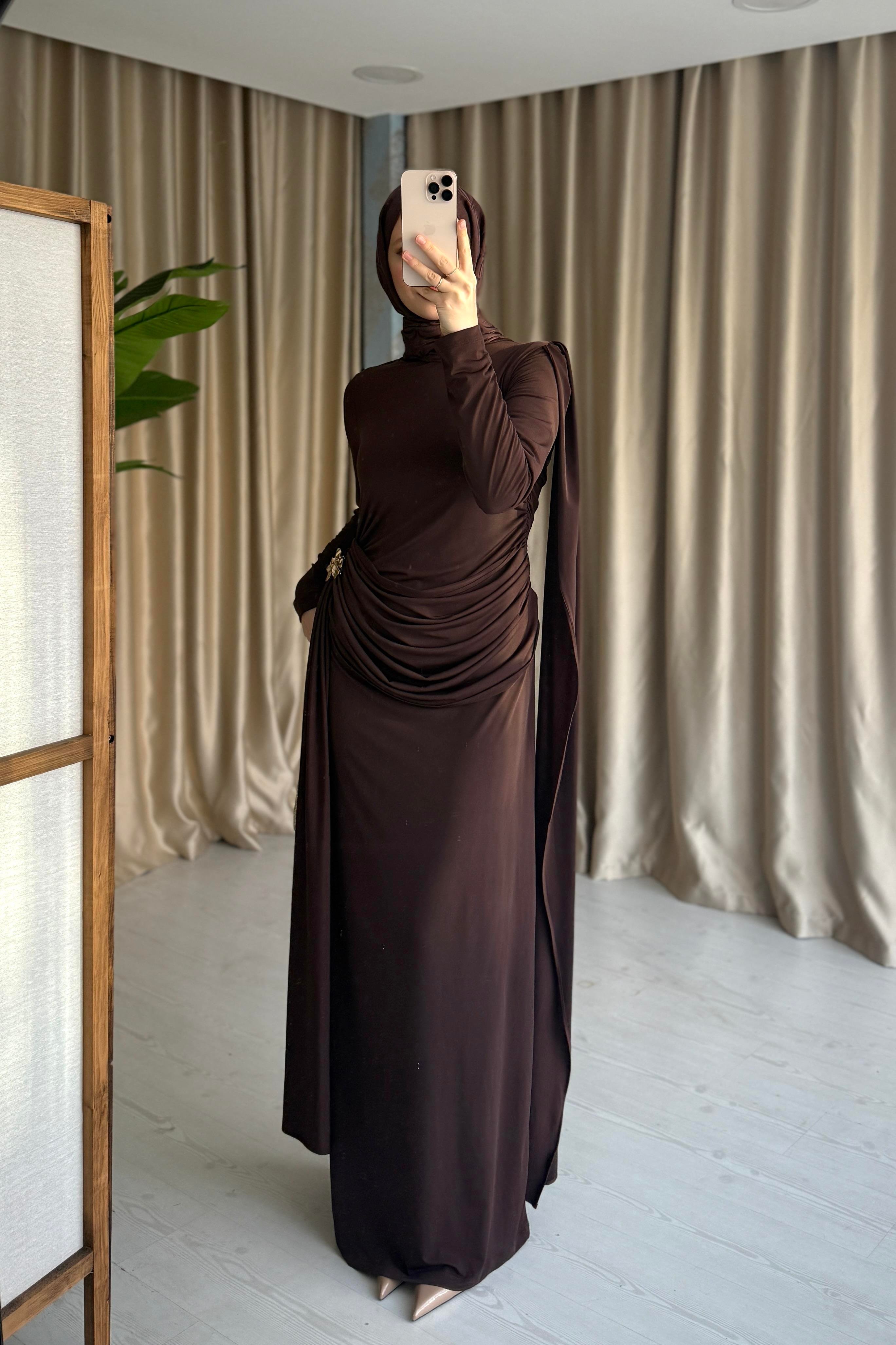 HELEN DRAPELİ ELBİSE - KAHVE