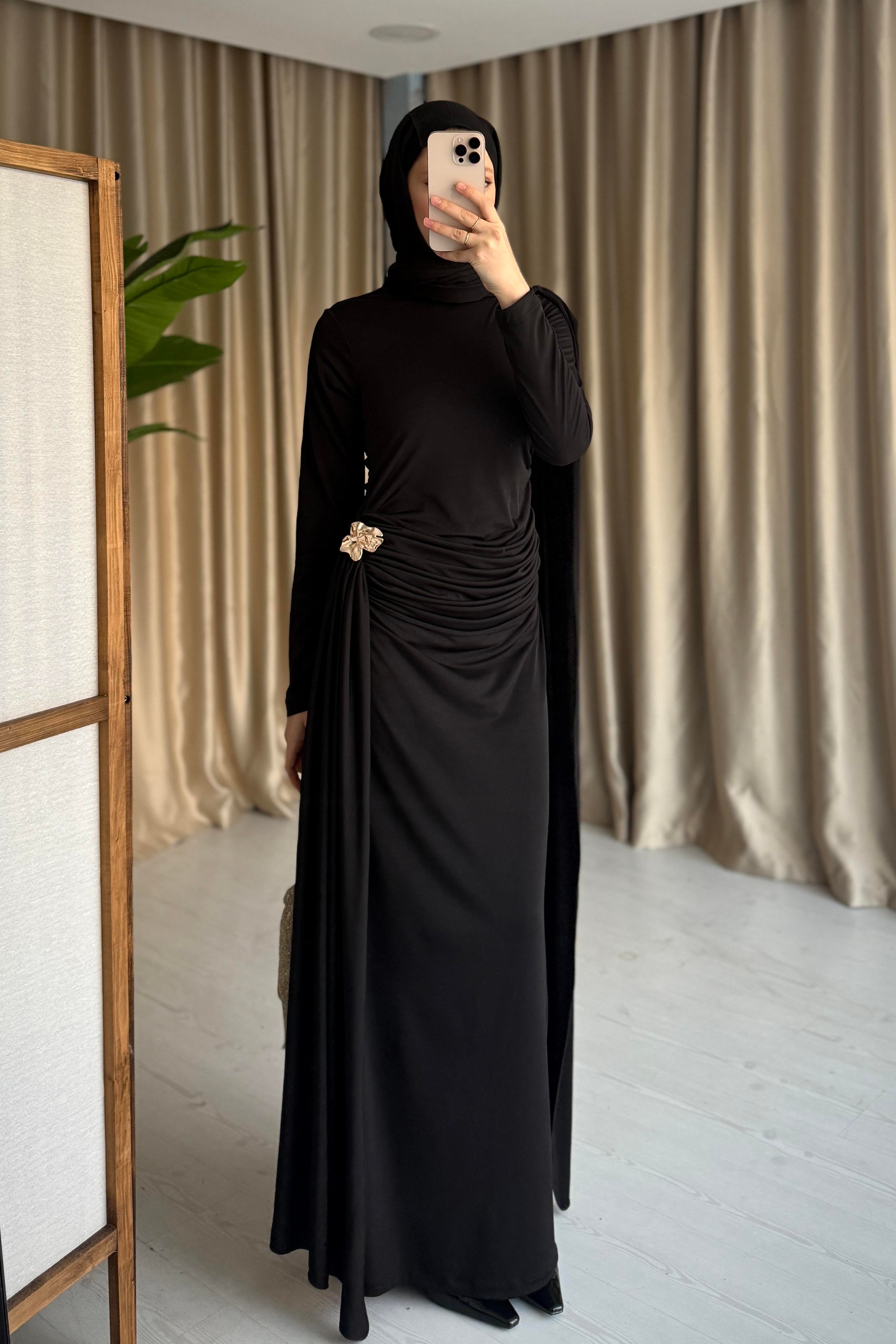 HELEN DRAPELİ ELBİSE - SİYAH