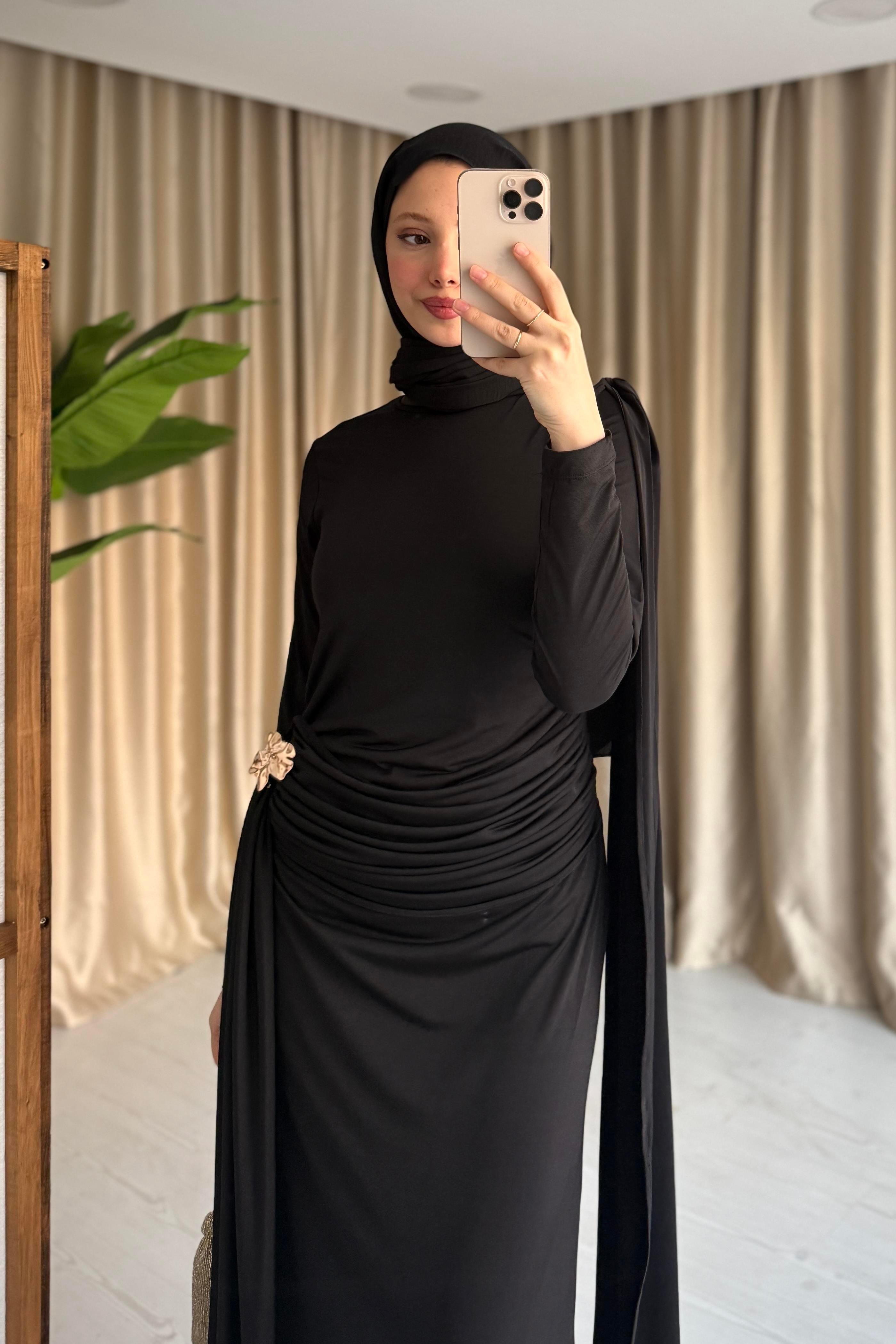 HELEN DRAPELİ ELBİSE - SİYAH