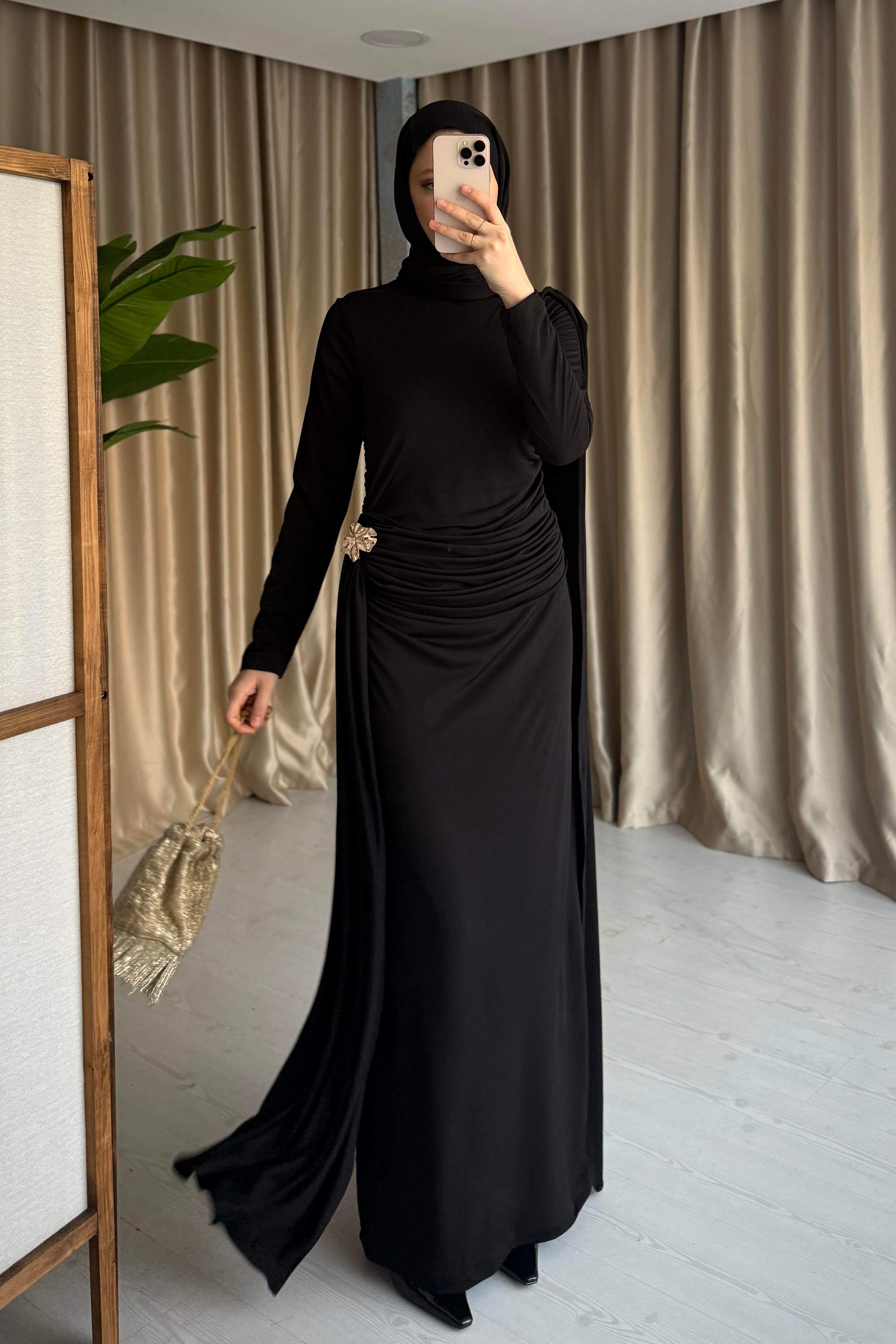 HELEN DRAPELİ ELBİSE - SİYAH