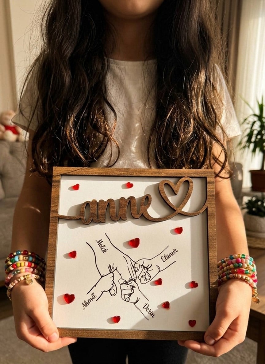 Anneler Günü Kişiye Özel Aile El İzi Tablosu – İsimli Ahşap Çerçeve – UV Baskı 20x20 cm