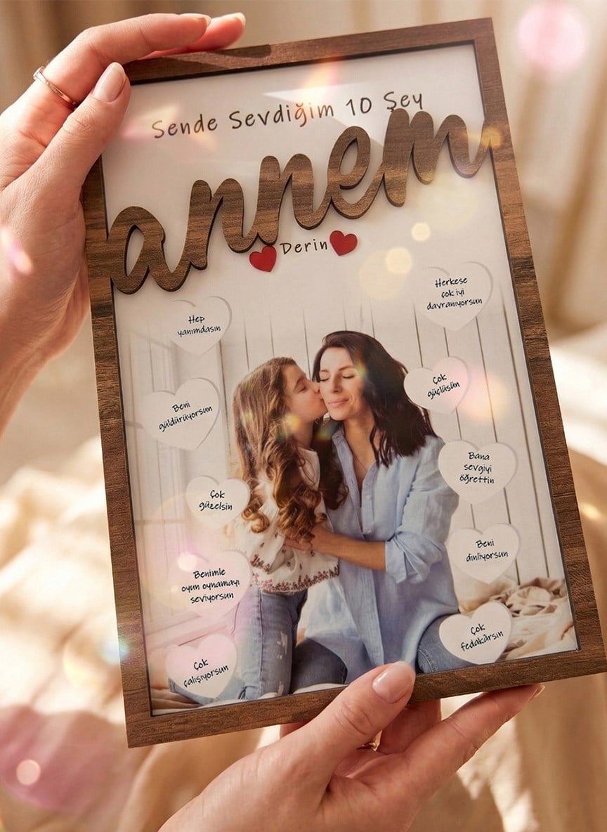 Anneler Günü Kişiye Özel Fotoğraflı “Sende Sevdiğim 10 Şey” Tablosu – İsimli Ahşap Çerçeve – 20x30 cm