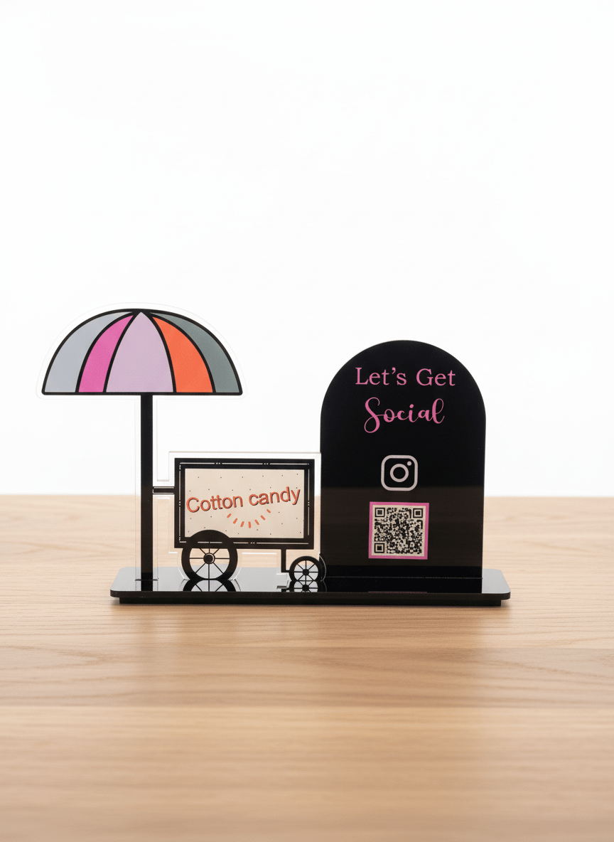 Renkli Cotton Candy Temalı Sosyal Medya QR Masa Üstü Standı – Şeffaf Pleksi, UV Baskı