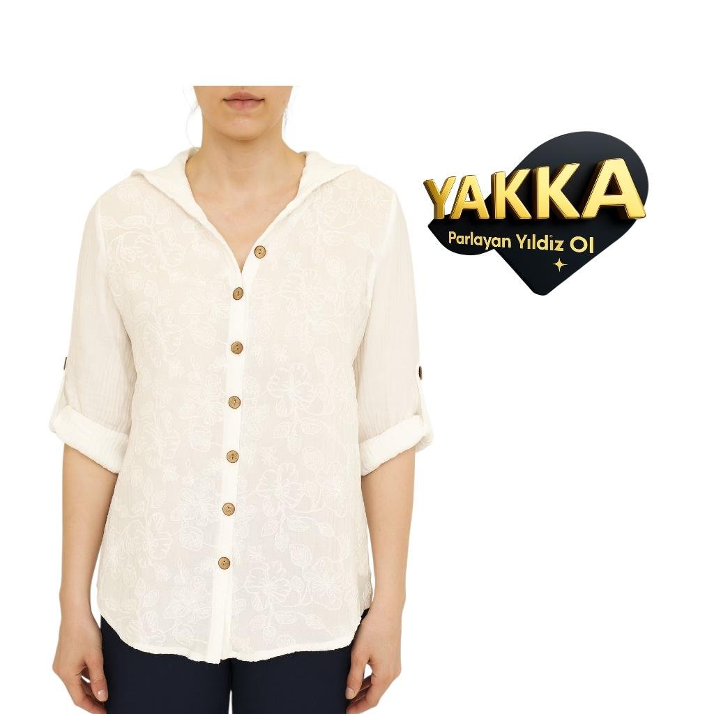 YAKKA Beyaz Kapüşonlu Dantel Desenli GömleK